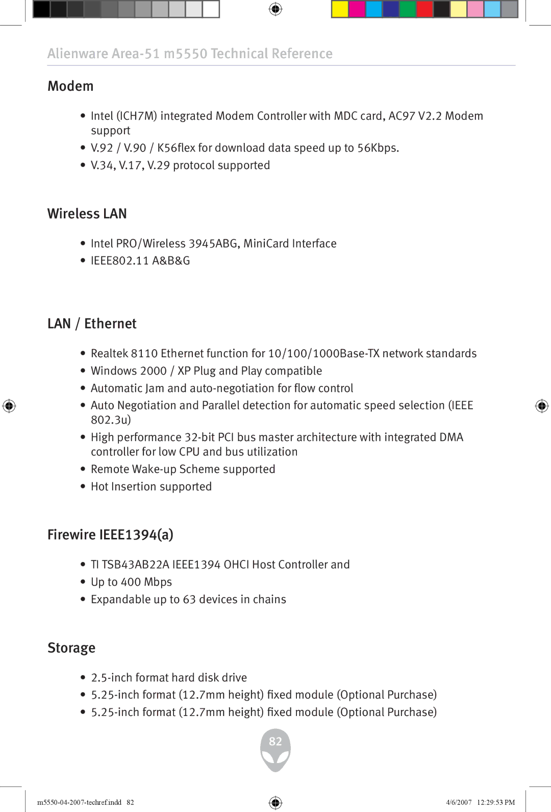 Alienware m5550 user manual Modem, LAN / Ethernet, Firewire IEEE1394a, Storage 