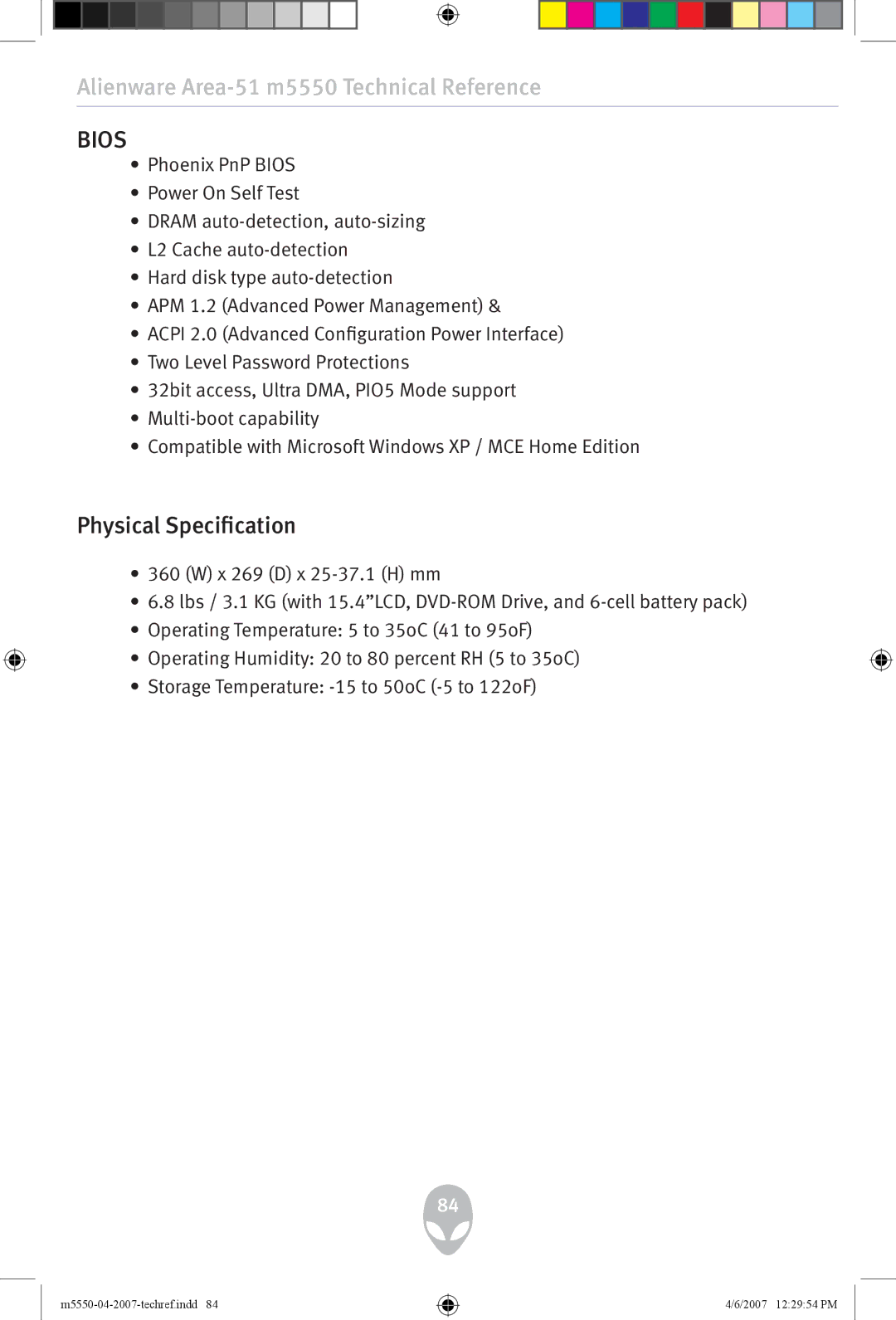 Alienware m5550 user manual Bios, Physical Specification 