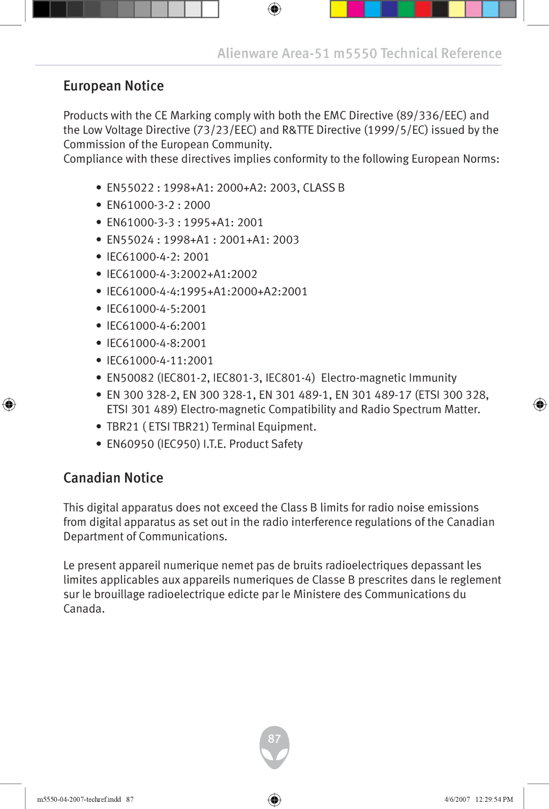 Alienware m5550 user manual European Notice, Canadian Notice 