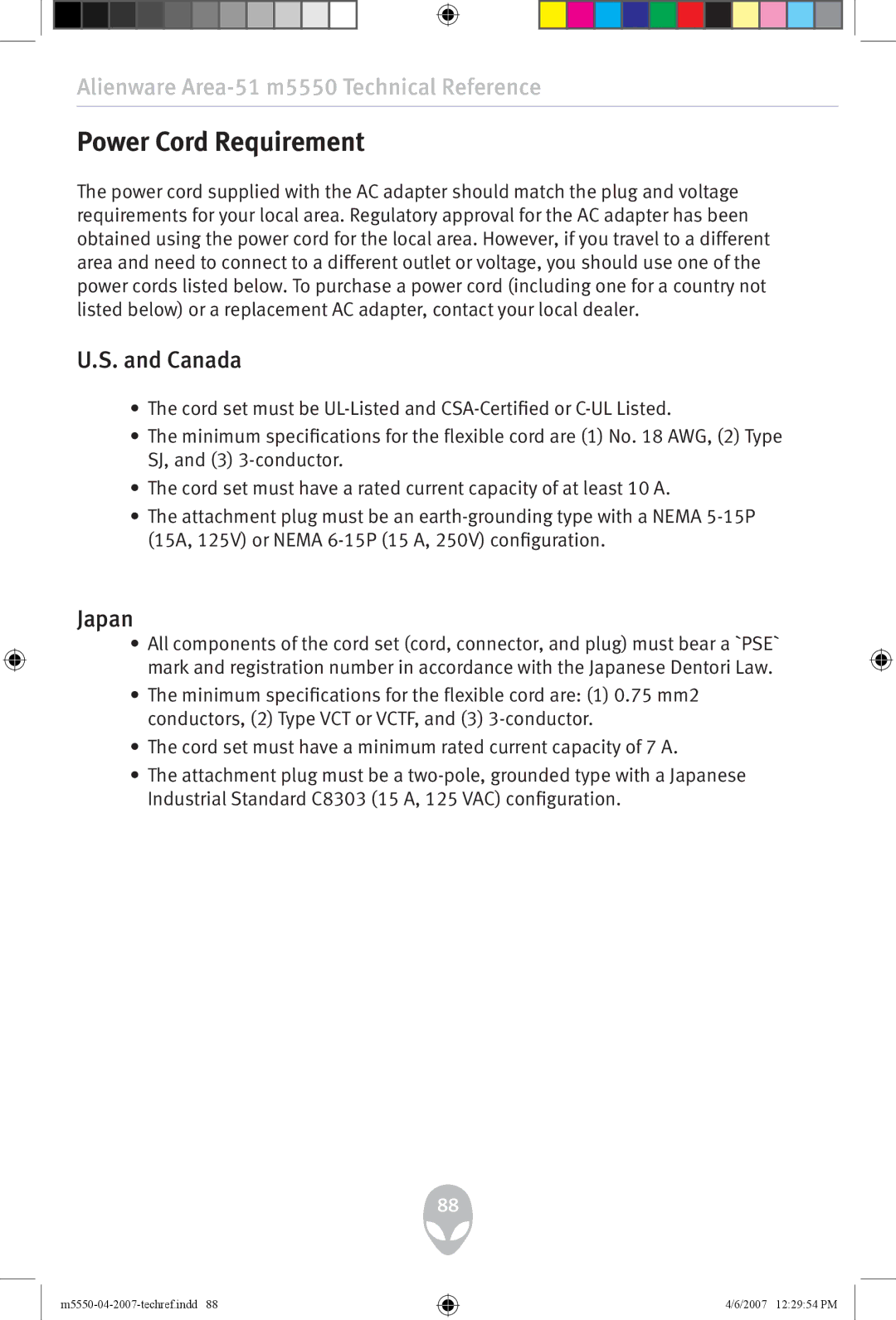 Alienware m5550 user manual Power Cord Requirement, Canada, Japan 