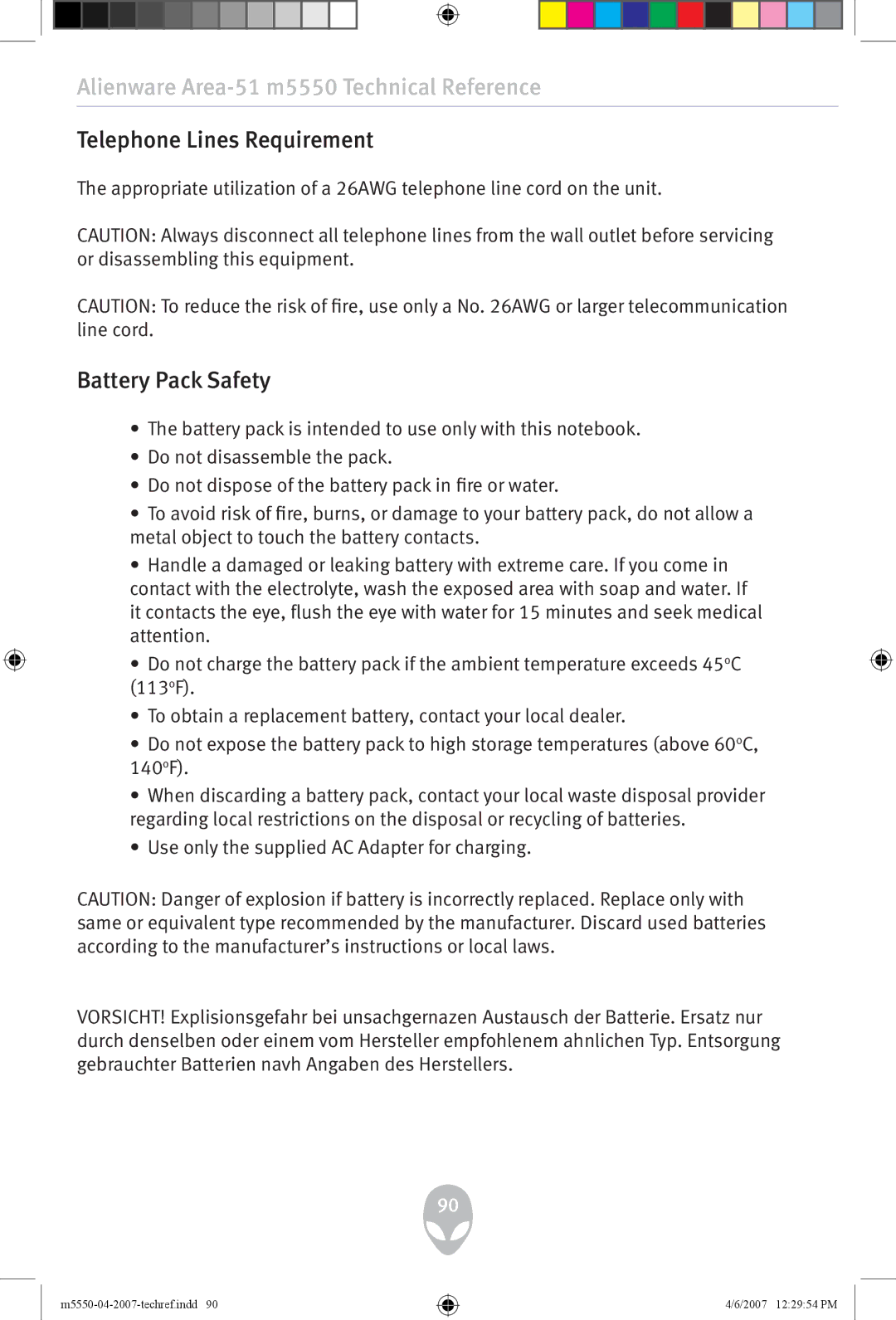 Alienware m5550 user manual Telephone Lines Requirement, Battery Pack Safety 