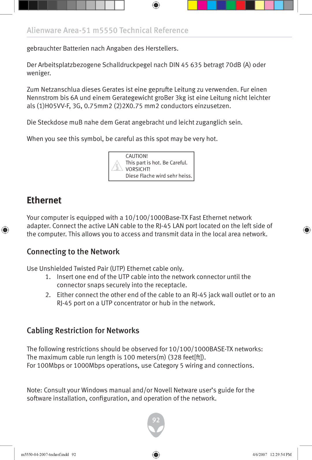 Alienware m5550 user manual Ethernet, Connecting to the Network, Cabling Restriction for Networks 