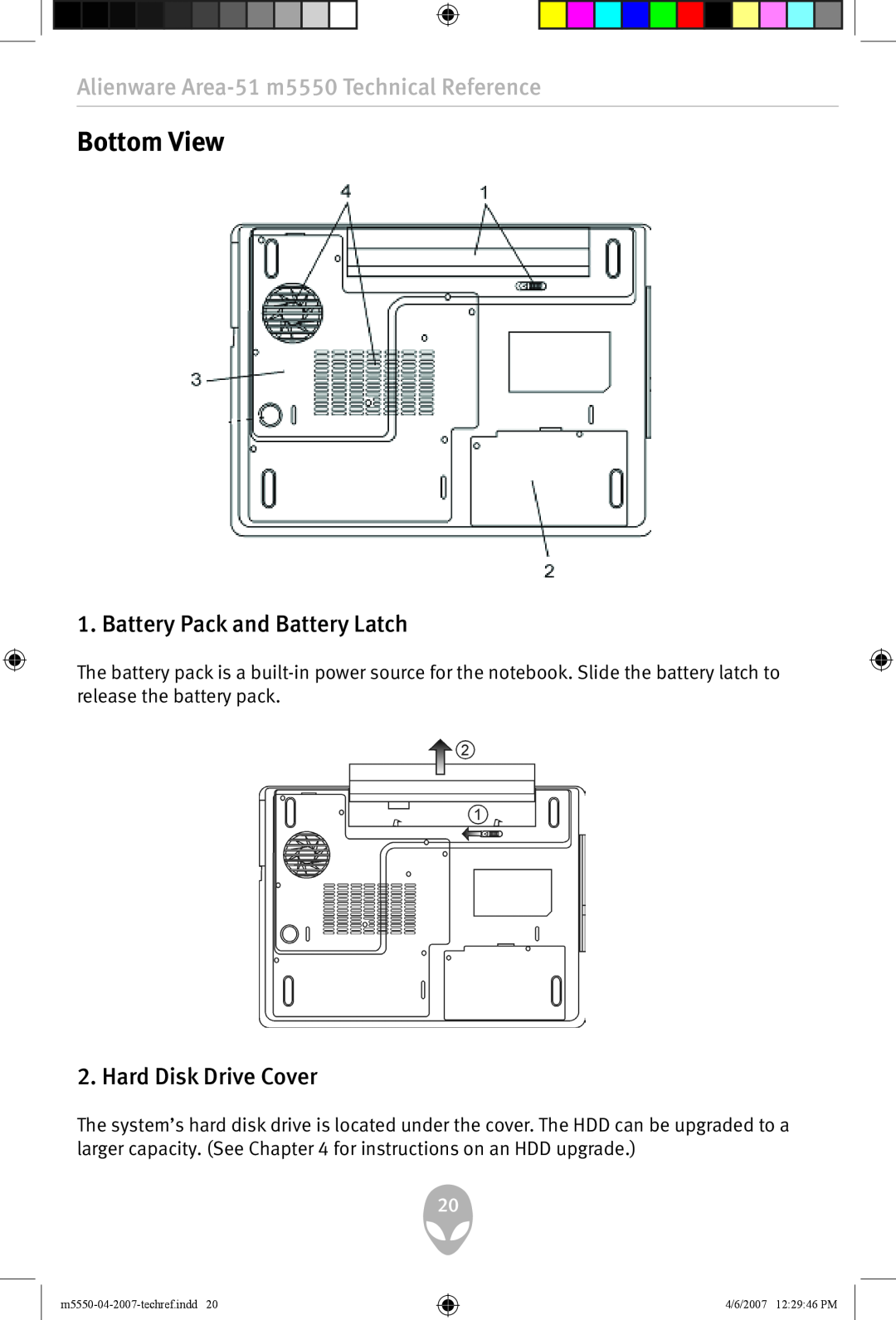 Alienware m5550 user manual Bottom View, Battery Pack and Battery Latch, Hard Disk Drive Cover 