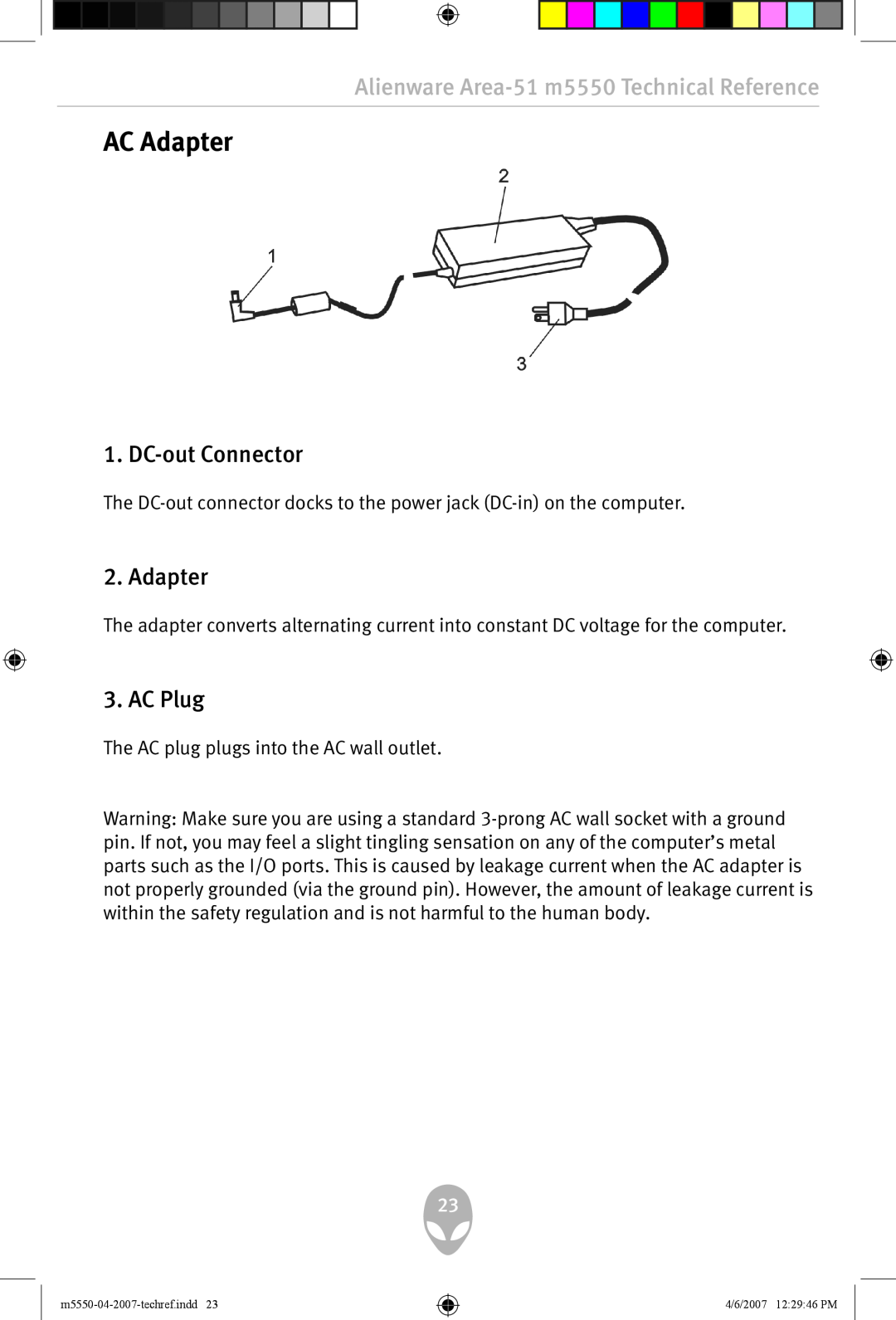 Alienware user manual AC Adapter, DC-out Connector, AC Plug, Alienware Area-51 m5550 Technical Reference 