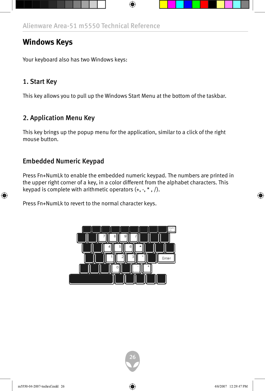 Alienware m5550 user manual Windows Keys, Start Key, Application Menu Key, Embedded Numeric Keypad 