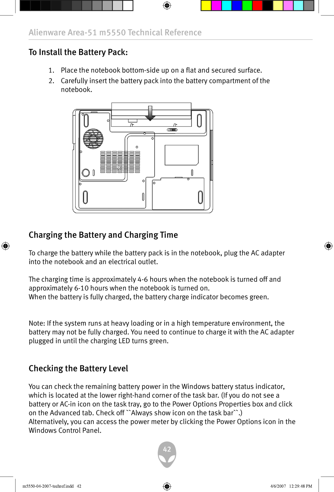 Alienware m5550 user manual To Install the Battery Pack, Charging the Battery and Charging Time, Checking the Battery Level 
