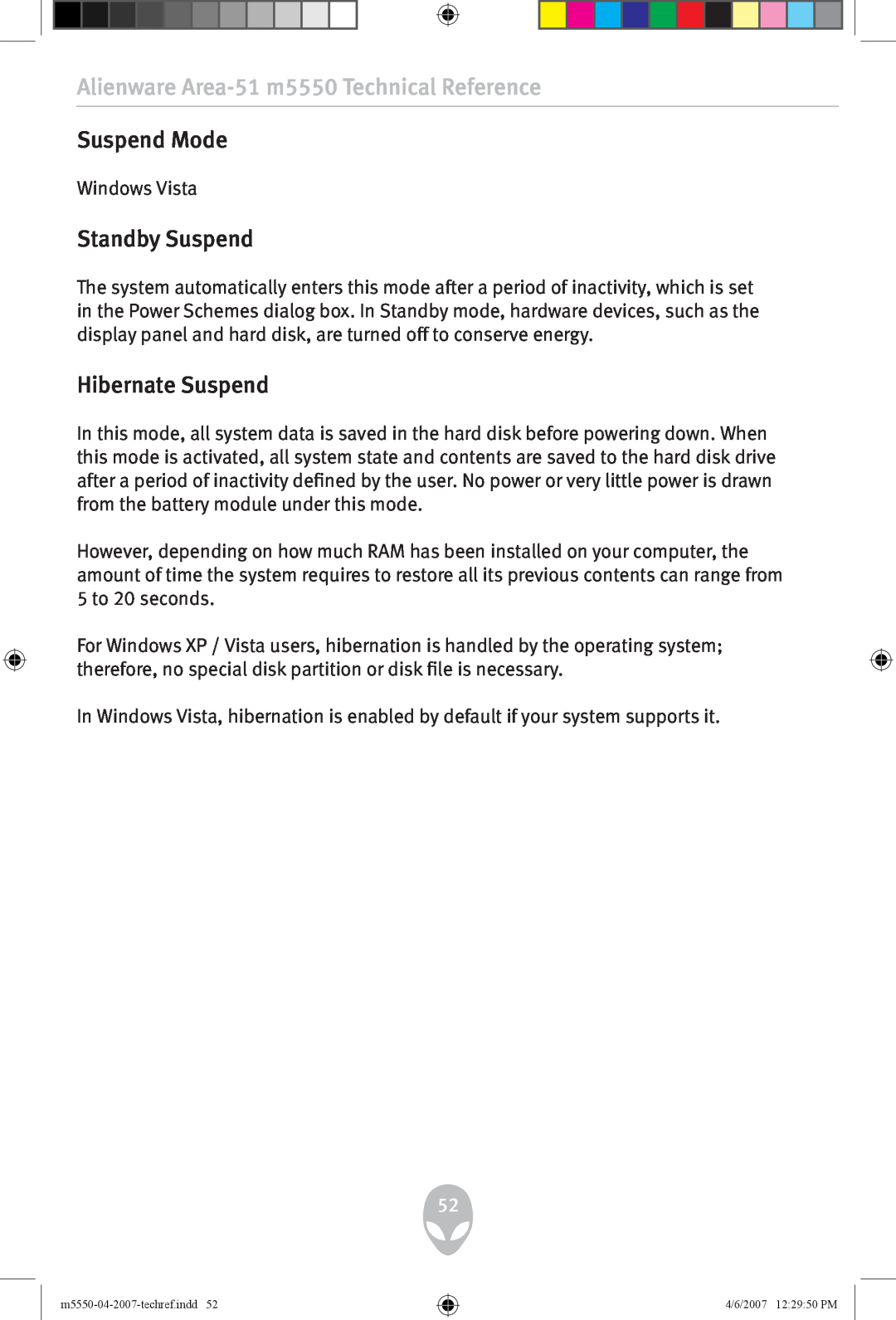 Alienware user manual Suspend Mode, Alienware Area-51 m5550 Technical Reference, Standby Suspend, Hibernate Suspend 