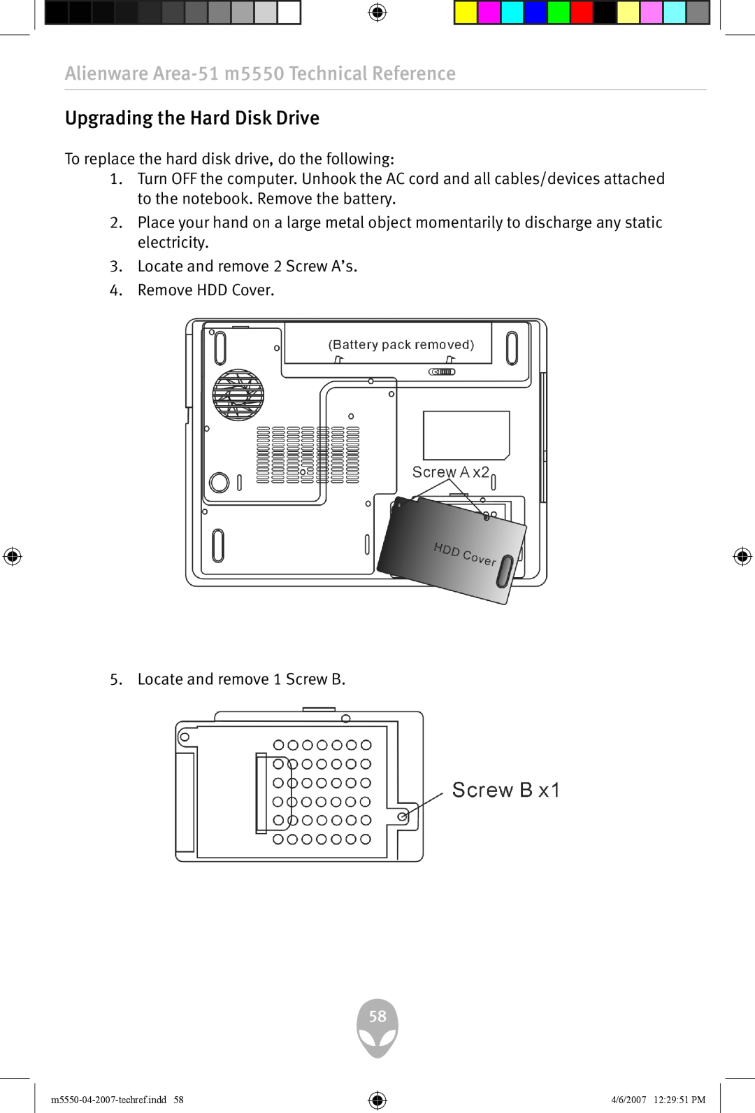 Alienware user manual Alienware Area-51 m5550 Technical Reference, Upgrading the Hard Disk Drive 