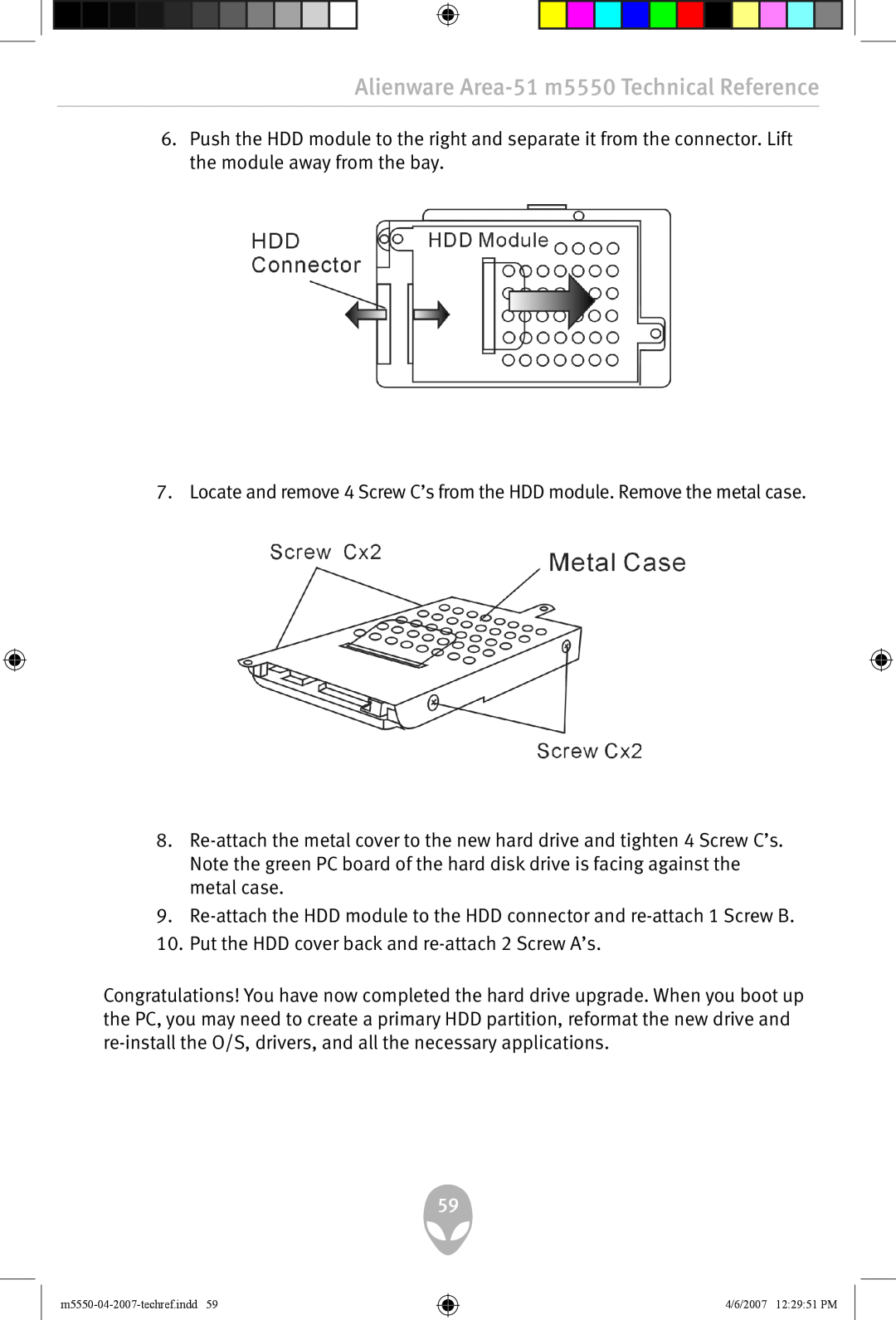 Alienware user manual Alienware Area-51 m5550 Technical Reference, Put the HDD cover back and re-attach 2 Screw A’s 
