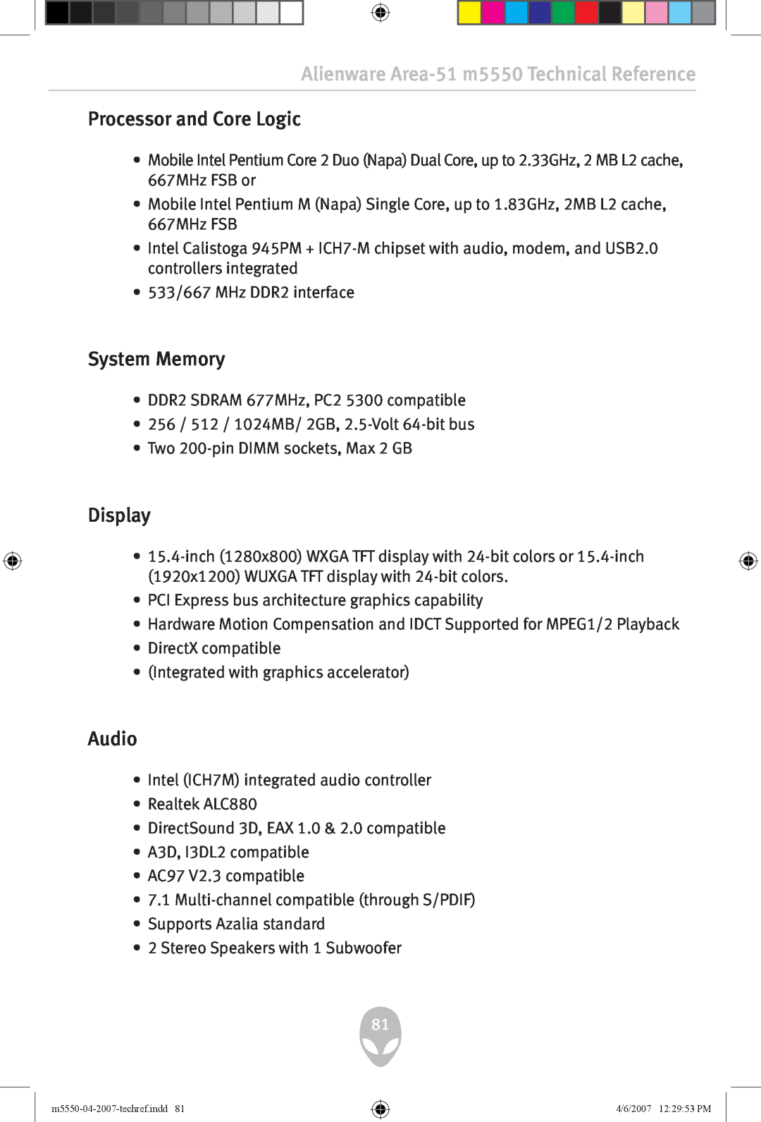 Alienware Processor and Core Logic, System Memory, Display, Audio, Alienware Area-51 m5550 Technical Reference 