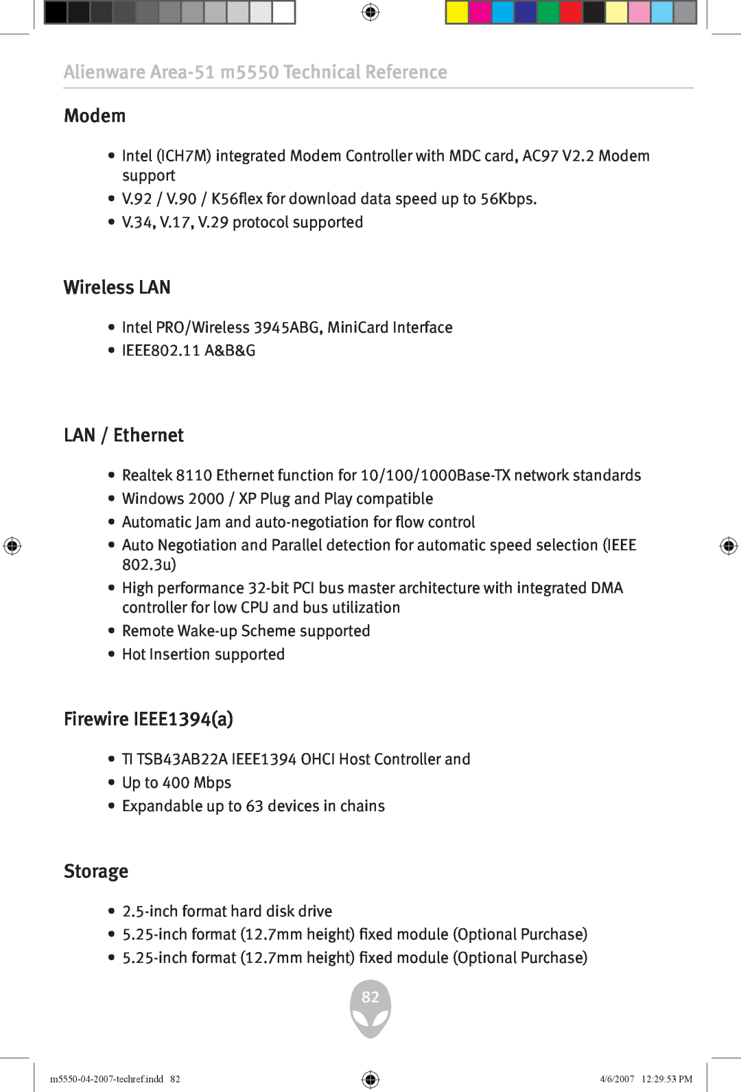 Alienware Modem, LAN / Ethernet, Firewire IEEE1394a, Storage, Alienware Area-51 m5550 Technical Reference, Wireless LAN 