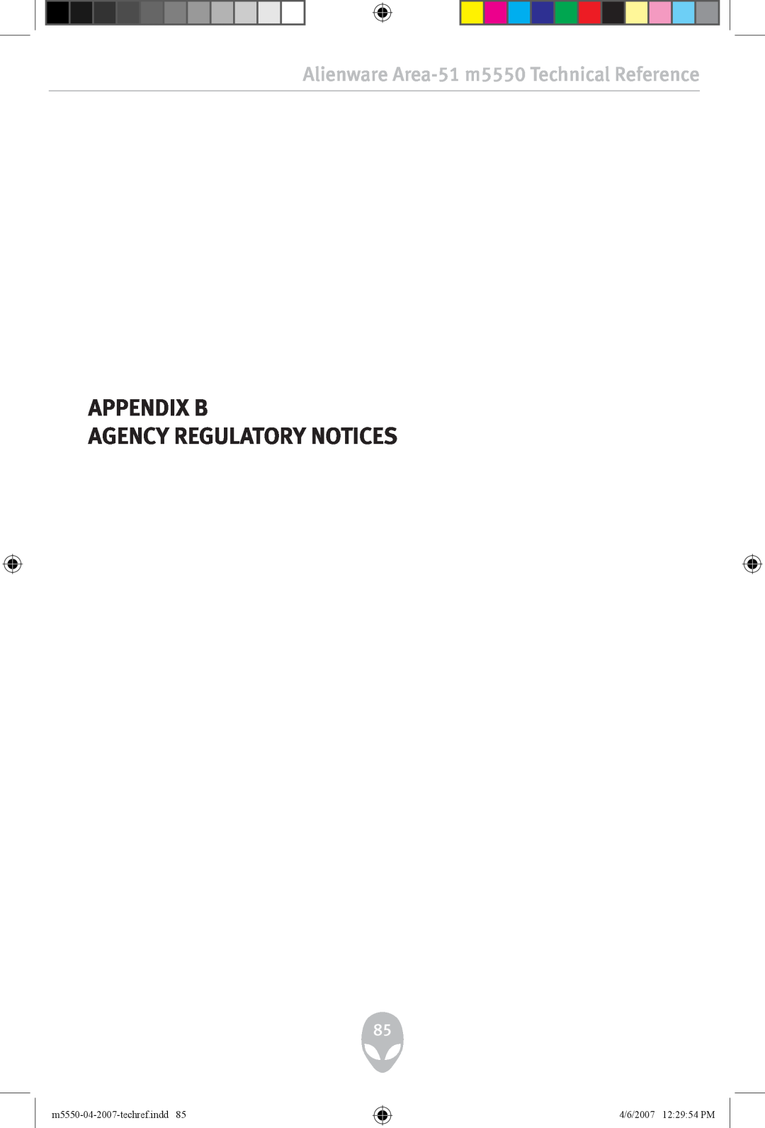 Alienware Appendix B Agency Regulatory Notices, Alienware Area-51 m5550 Technical Reference, m5550-04-2007-techref.indd 