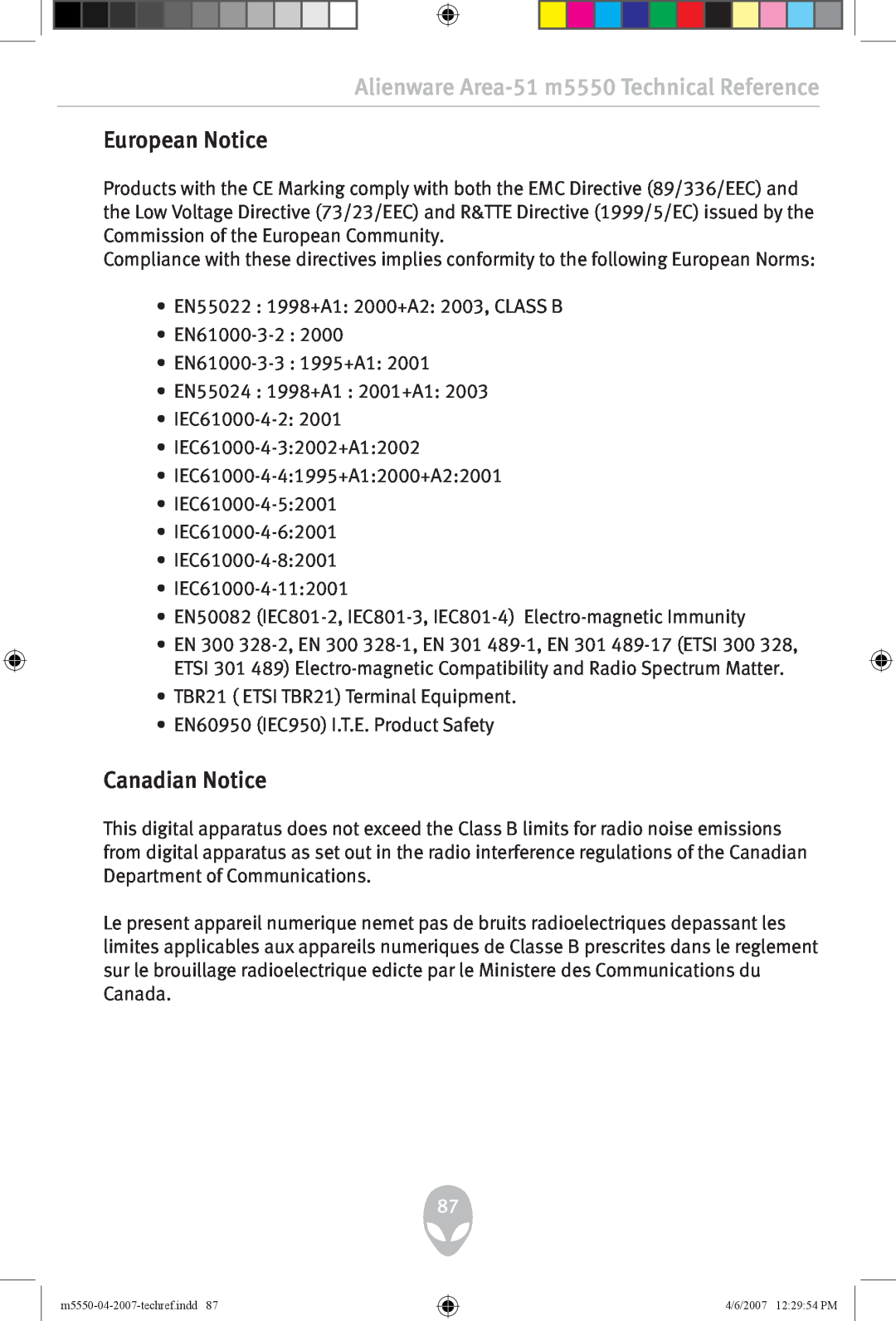 Alienware user manual European Notice, Canadian Notice, Alienware Area-51 m5550 Technical Reference 