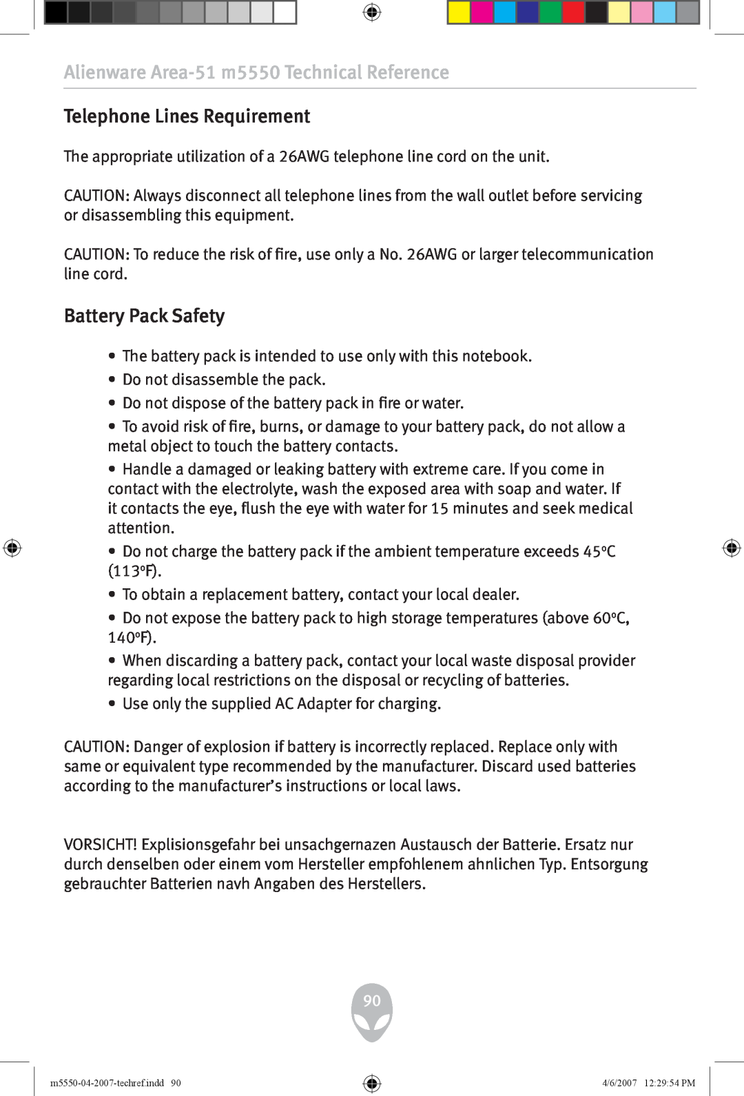 Alienware user manual Telephone Lines Requirement, Battery Pack Safety, Alienware Area-51 m5550 Technical Reference 