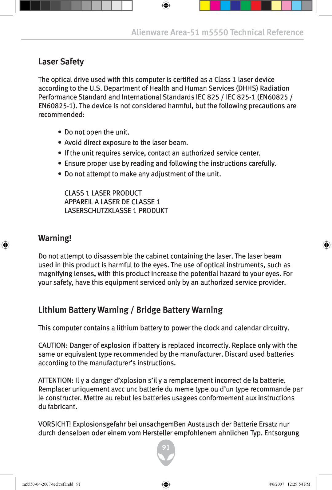 Alienware m5550 user manual Laser Safety, Lithium Battery Warning / Bridge Battery Warning 