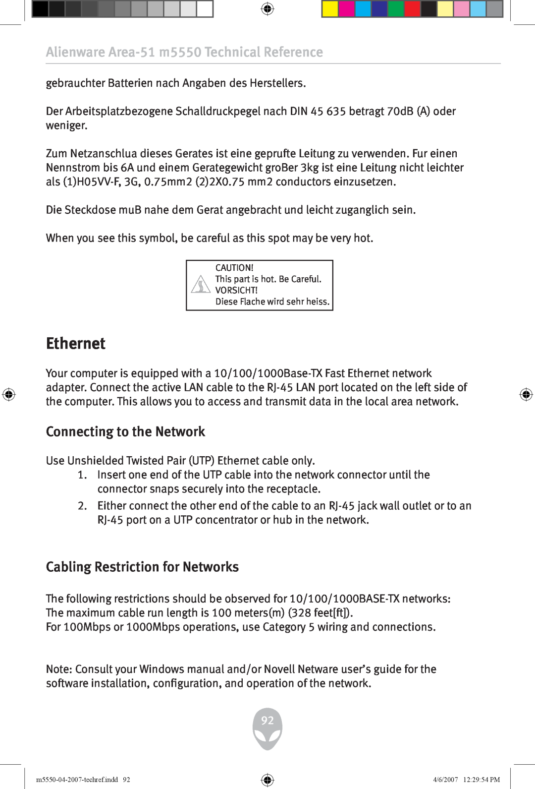 Alienware m5550 user manual Ethernet, Connecting to the Network, Cabling Restriction for Networks 