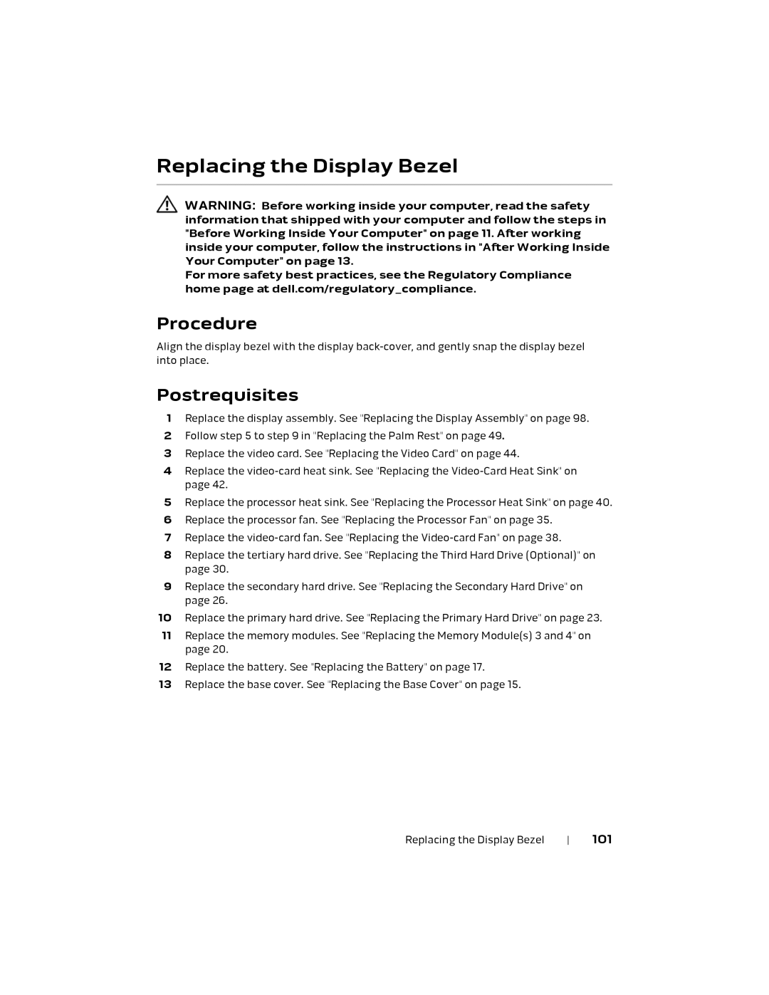 Alienware 17 R1, P18E owner manual Replacing the Display Bezel, 101 