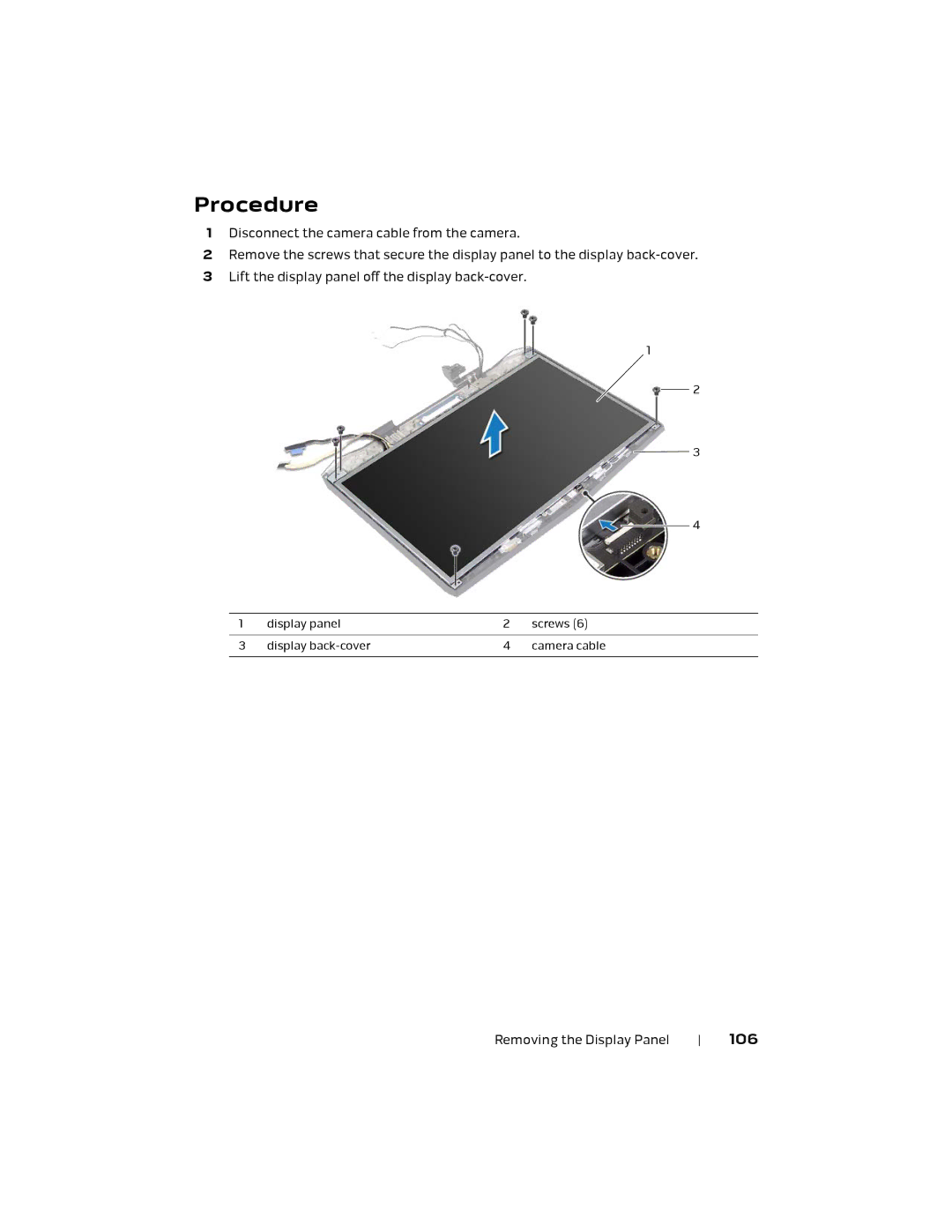 Alienware P18E, 17 R1 owner manual Display panel Screws Display back-cover Camera cable 