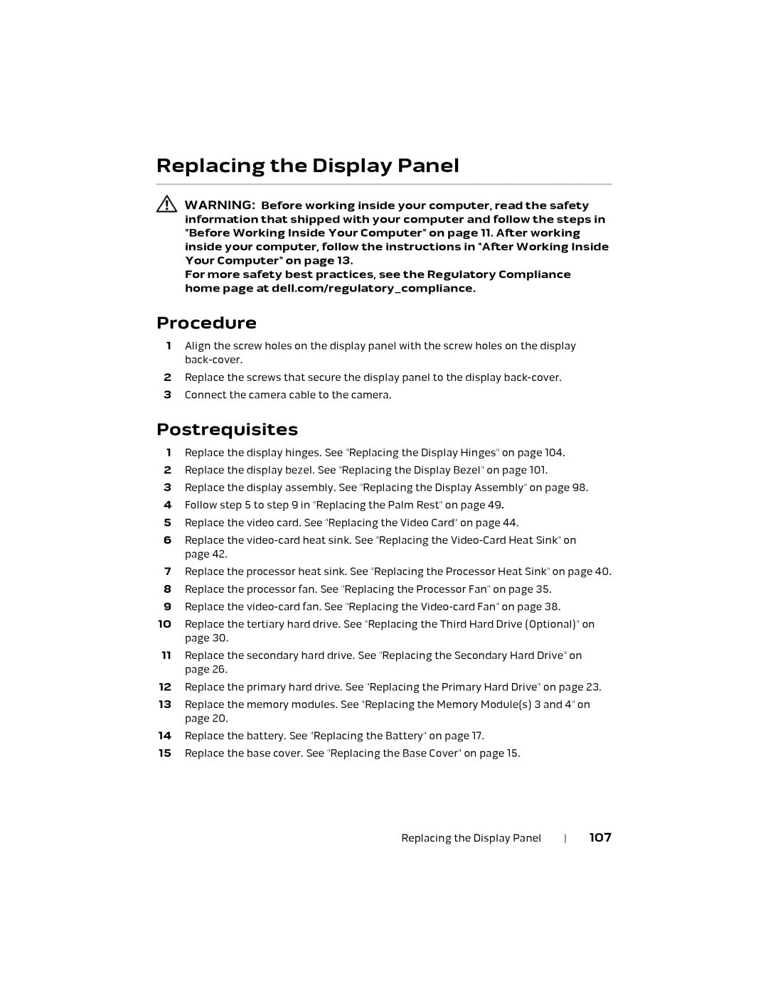 Alienware 17 R1, P18E owner manual Replacing the Display Panel, 107 