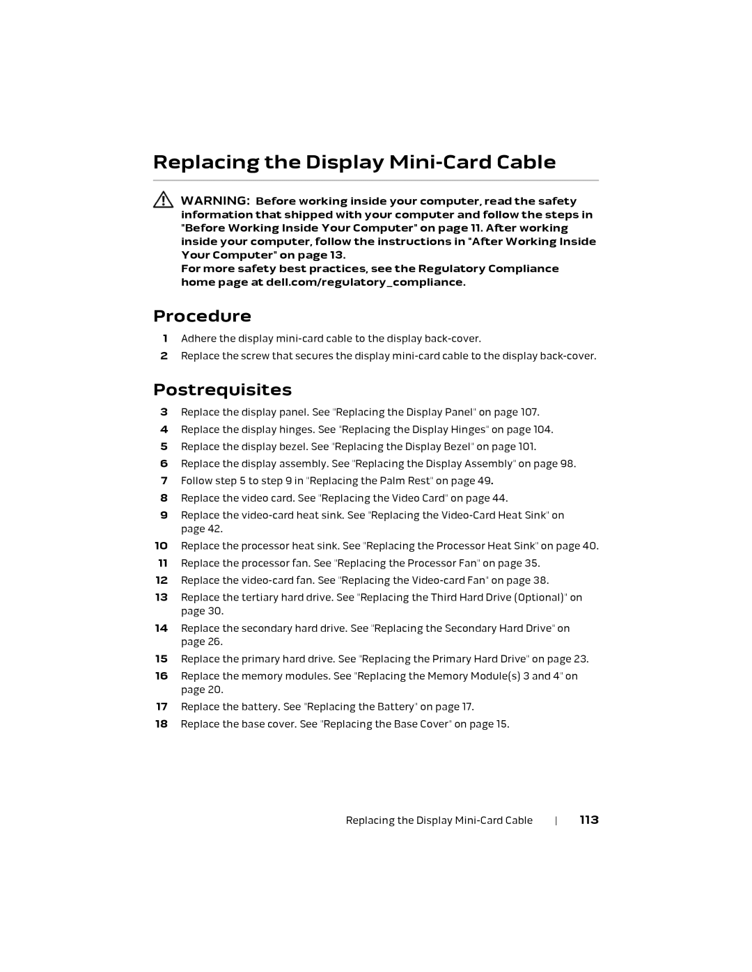 Alienware 17 R1, P18E owner manual Replacing the Display Mini-Card Cable, 113 