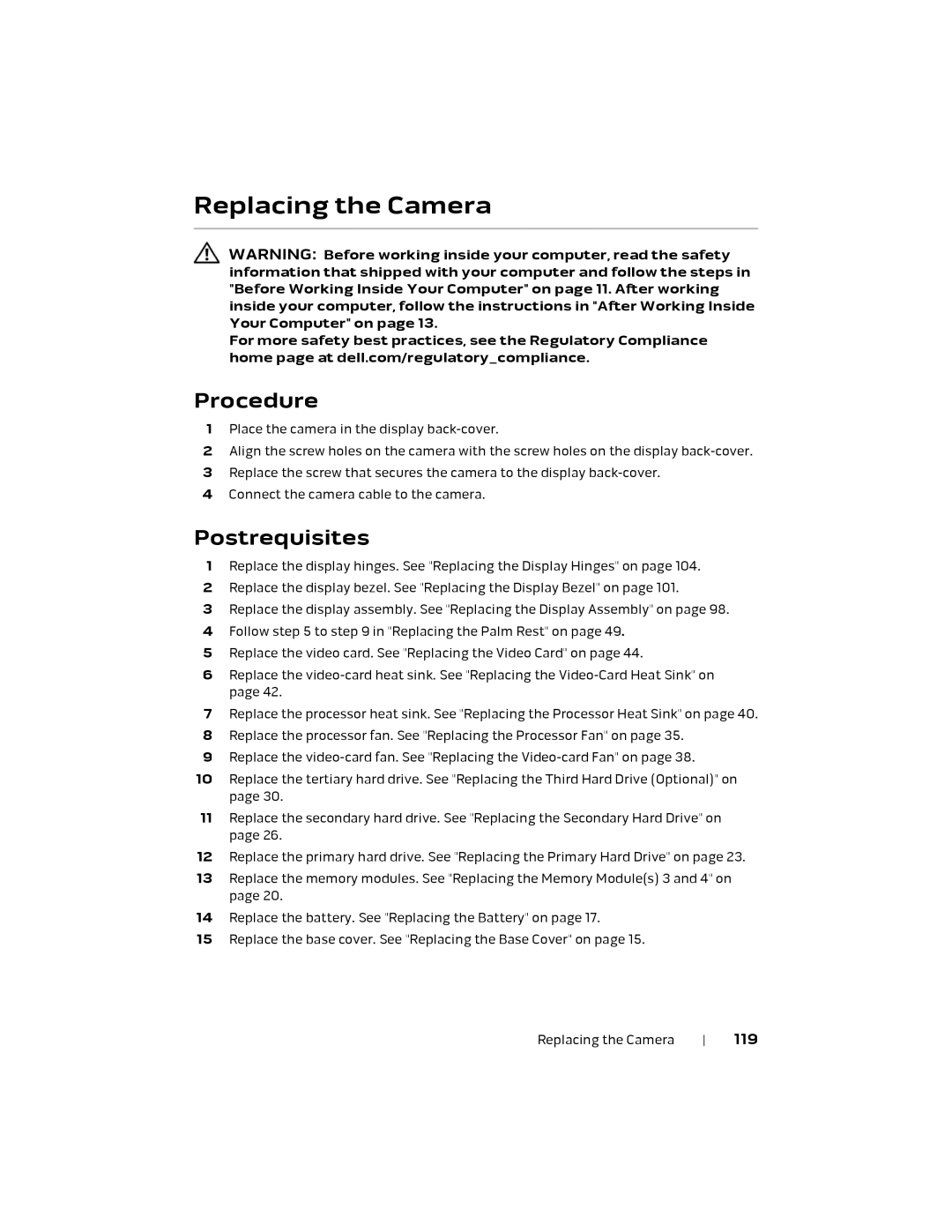 Alienware 17 R1, P18E owner manual Replacing the Camera, 119 