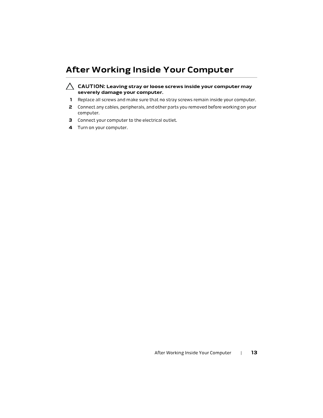 Alienware 17 R1, P18E owner manual After Working Inside Your Computer 