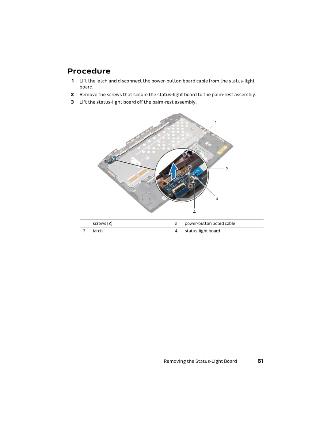 Alienware 17 R1, P18E owner manual Screws Power-button board cable Latch Status-light board 