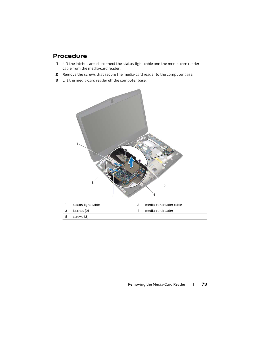 Alienware 17 R1, P18E owner manual Status-light cable Media-card reader cable Latches Screws 