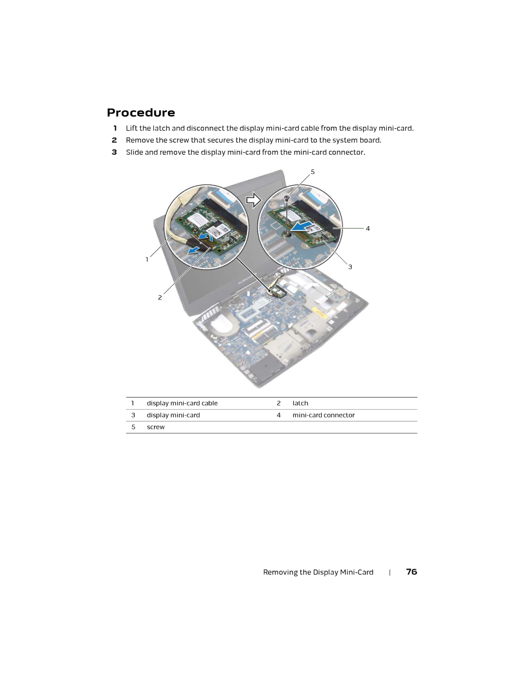 Alienware P18E, 17 R1 owner manual Display mini-card cable Latch Mini-card connector Screw 