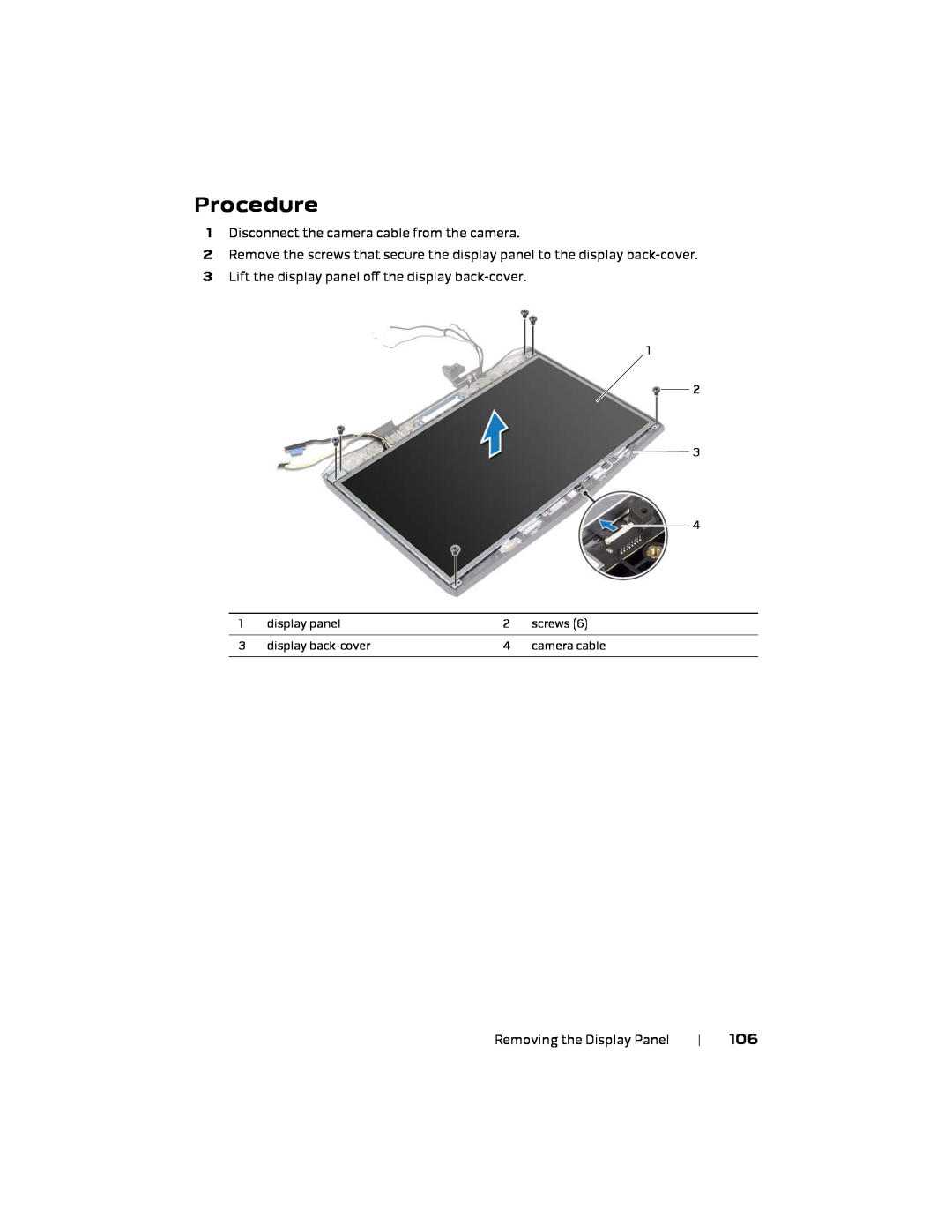 Alienware P18E, 17 R1 owner manual Procedure, display panel, screws, display back-cover, camera cable 