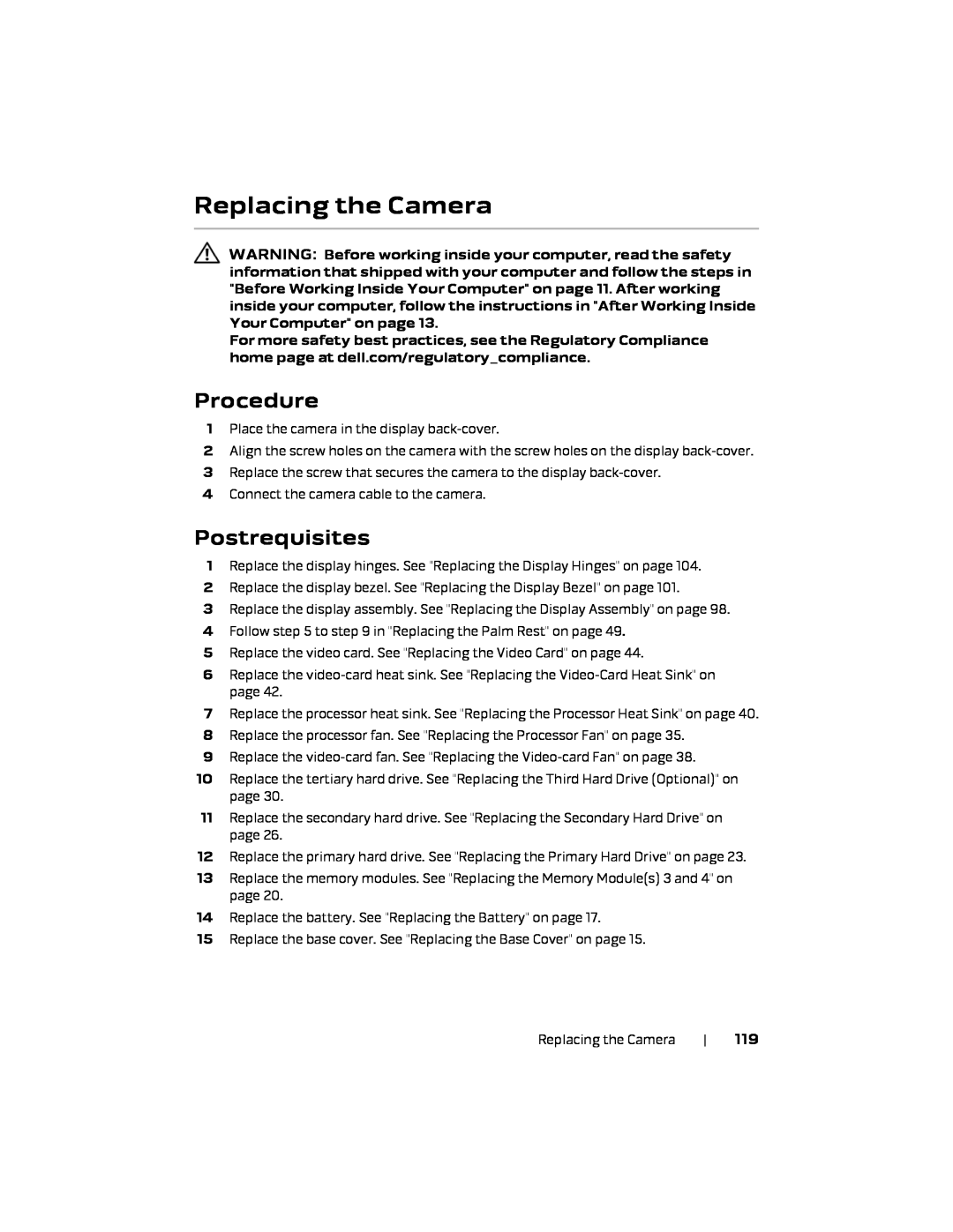 Alienware 17 R1, P18E owner manual Replacing the Camera, Procedure, Postrequisites 