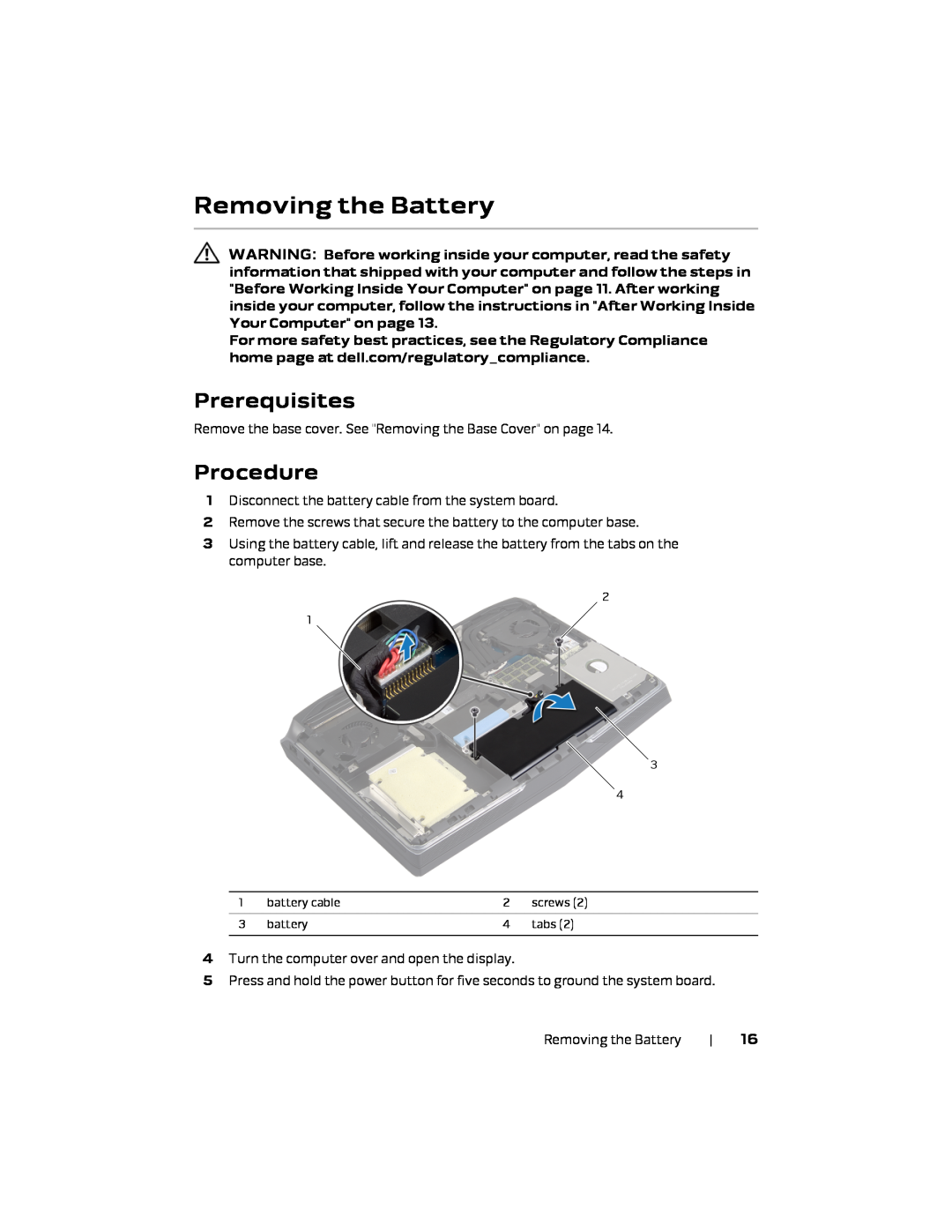 Alienware P18E, 17 R1 owner manual Removing the Battery, Prerequisites, Procedure 