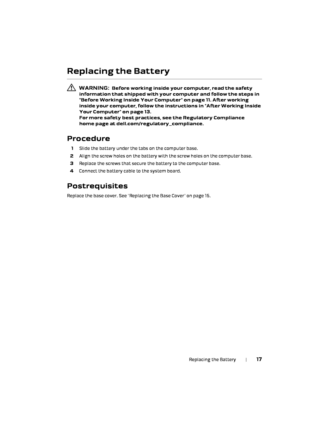 Alienware 17 R1, P18E owner manual Replacing the Battery, Postrequisites, Procedure 