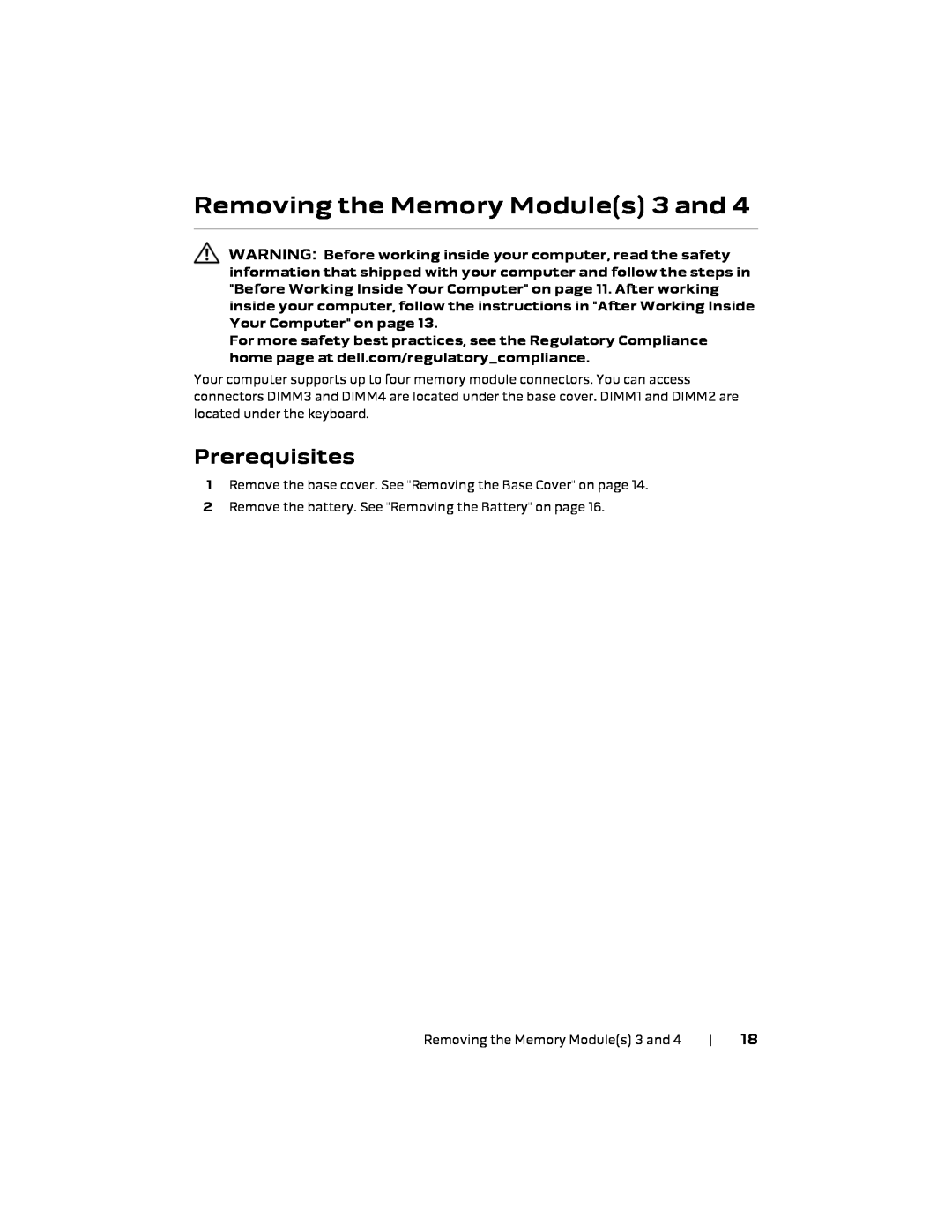 Alienware P18E, 17 R1 owner manual Removing the Memory Modules 3 and, Prerequisites 