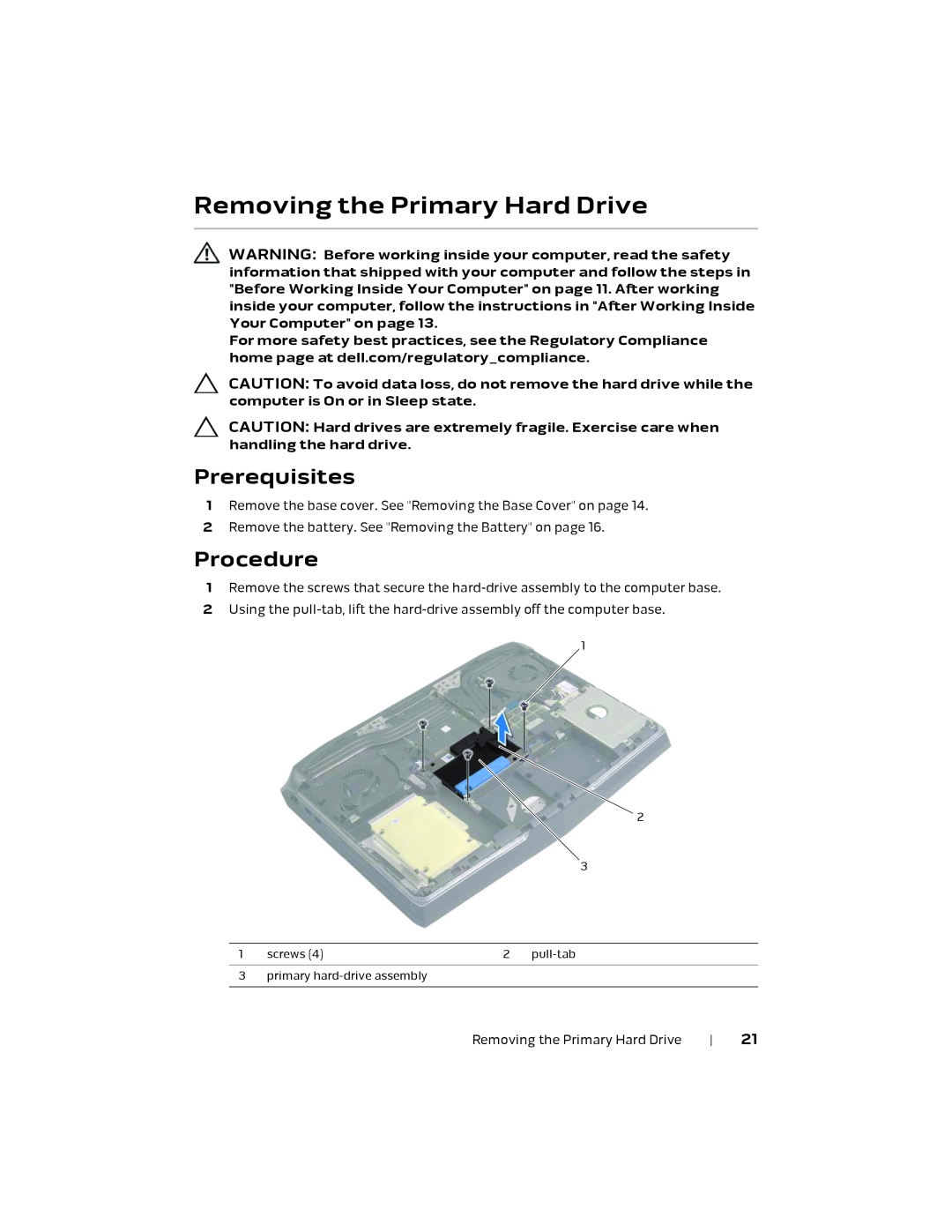Alienware 17 R1, P18E owner manual Removing the Primary Hard Drive, Prerequisites, Procedure 