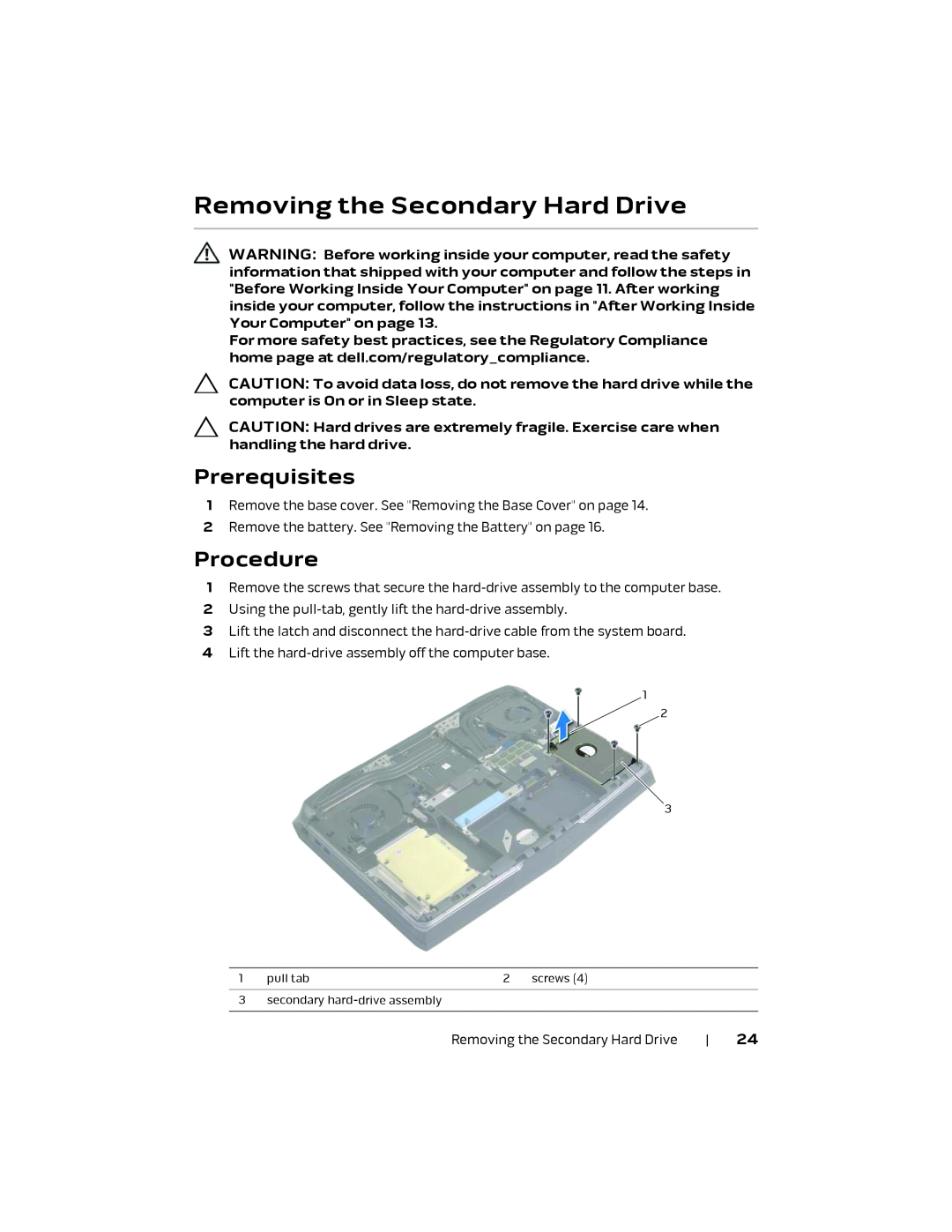 Alienware P18E, 17 R1 owner manual Removing the Secondary Hard Drive, Prerequisites, Procedure 