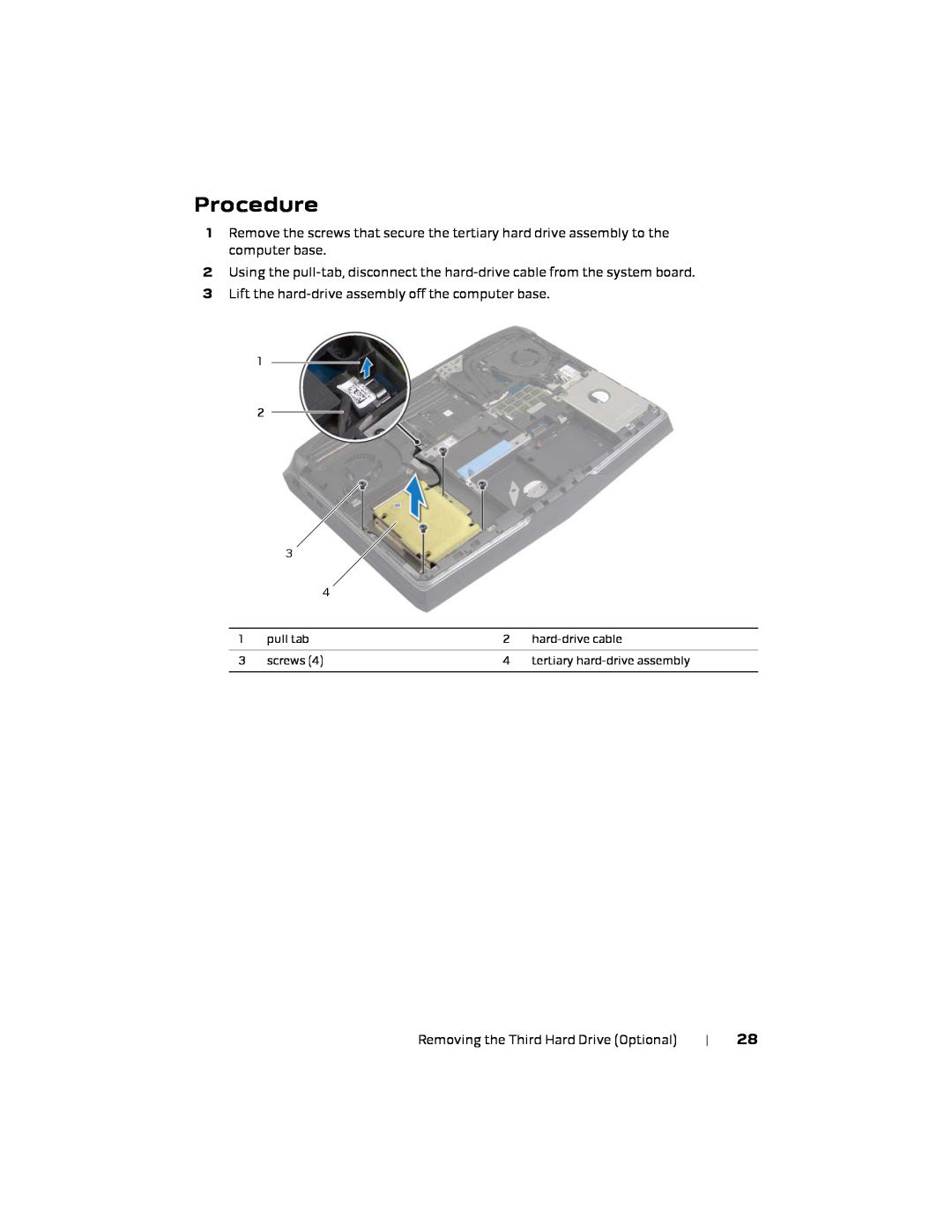 Alienware P18E, 17 R1 owner manual Procedure, pull tab, hard-drive cable, screws, tertiary hard-drive assembly 