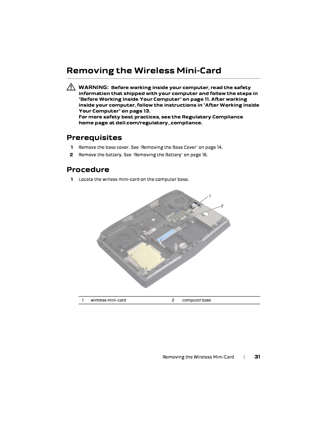 Alienware 17 R1, P18E owner manual Removing the Wireless Mini-Card, Prerequisites, Procedure 