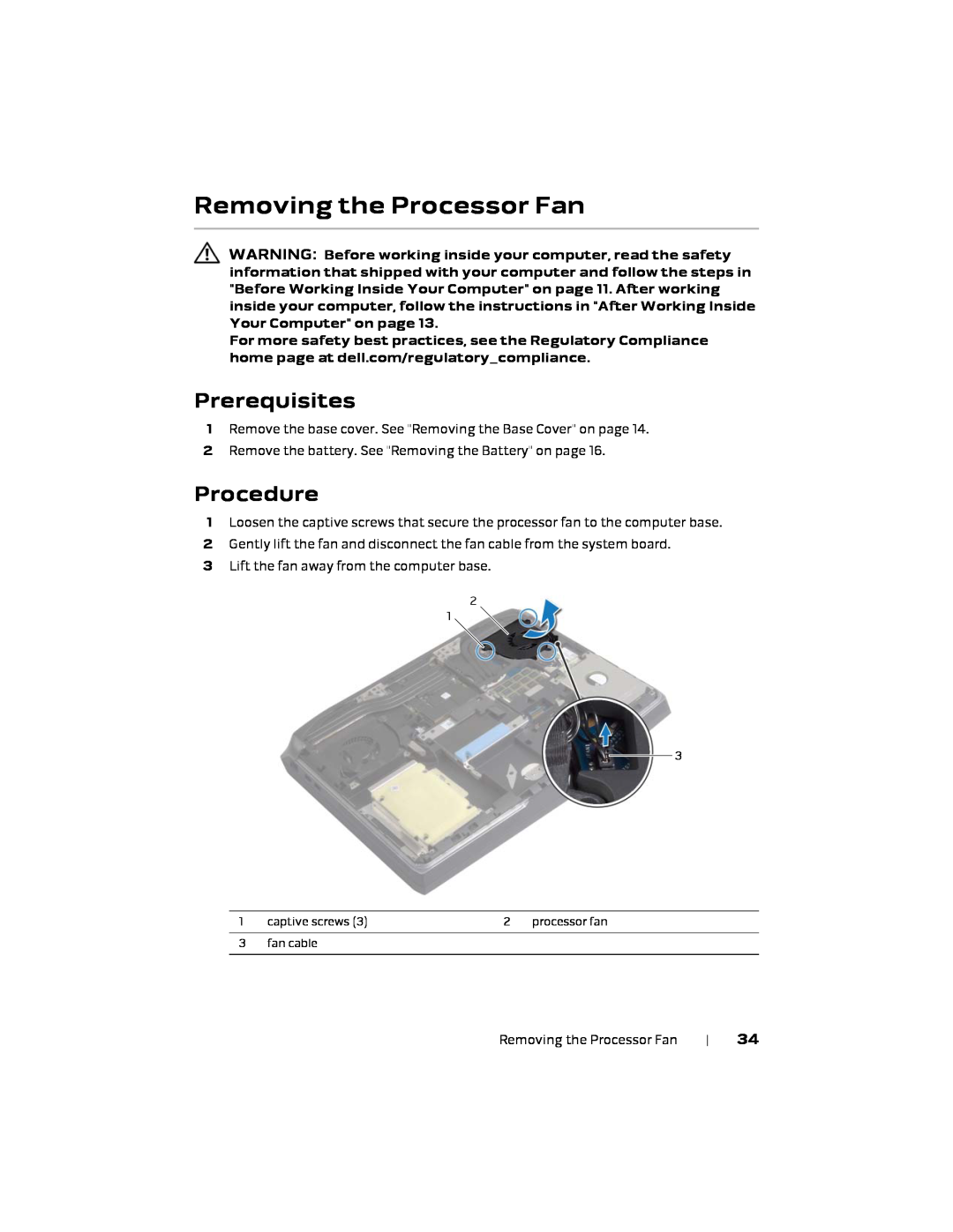 Alienware P18E, 17 R1 Removing the Processor Fan, Prerequisites, Procedure, captive screws, processor fan, fan cable 