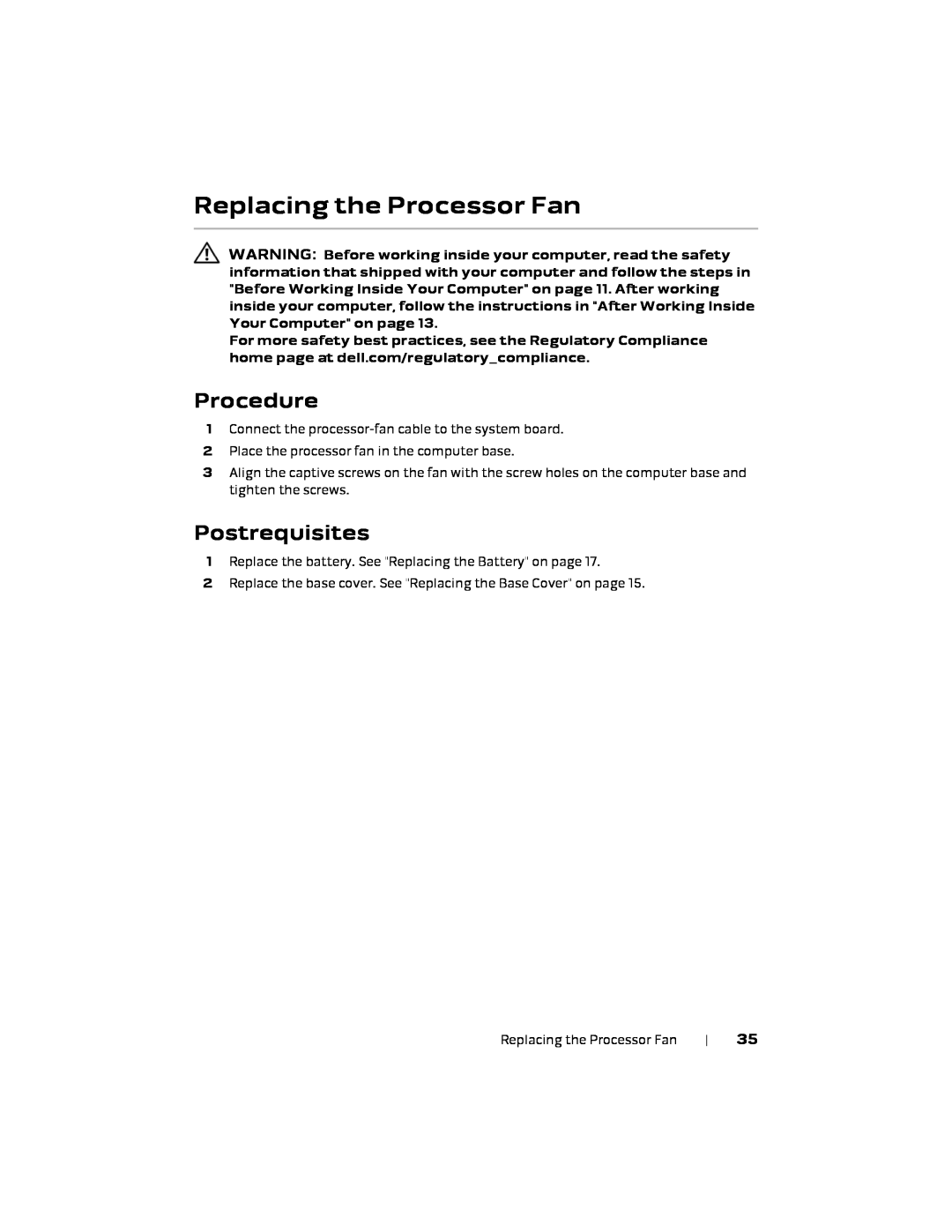 Alienware 17 R1, P18E owner manual Replacing the Processor Fan, Procedure, Postrequisites 