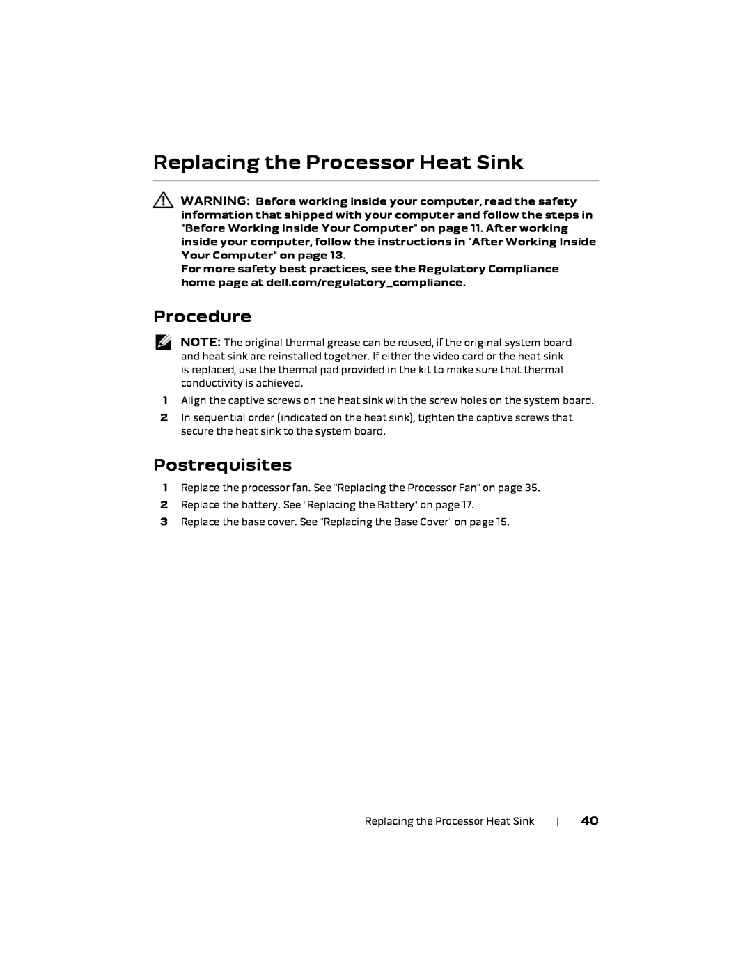 Alienware P18E, 17 R1 owner manual Replacing the Processor Heat Sink, Procedure, Postrequisites 