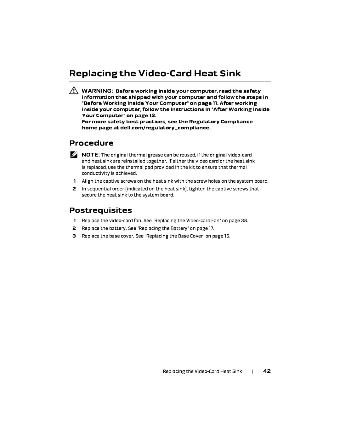 Alienware P18E, 17 R1 owner manual Replacing the Video-Card Heat Sink, Procedure, Postrequisites 