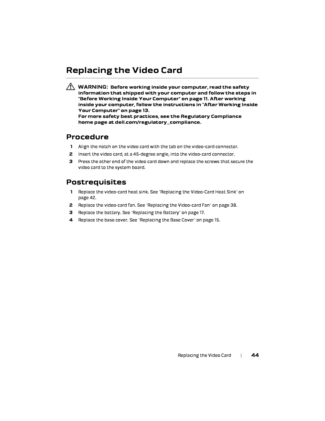 Alienware P18E, 17 R1 owner manual Replacing the Video Card, Procedure, Postrequisites 
