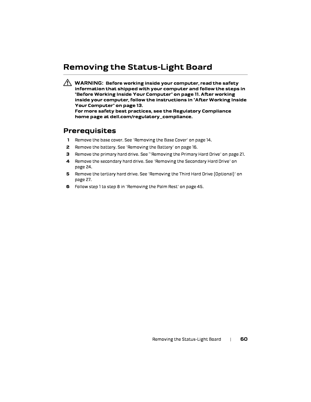 Alienware P18E, 17 R1 owner manual Removing the Status-Light Board, Prerequisites 