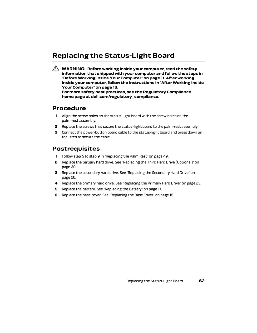 Alienware P18E, 17 R1 owner manual Replacing the Status-Light Board, Procedure, Postrequisites 