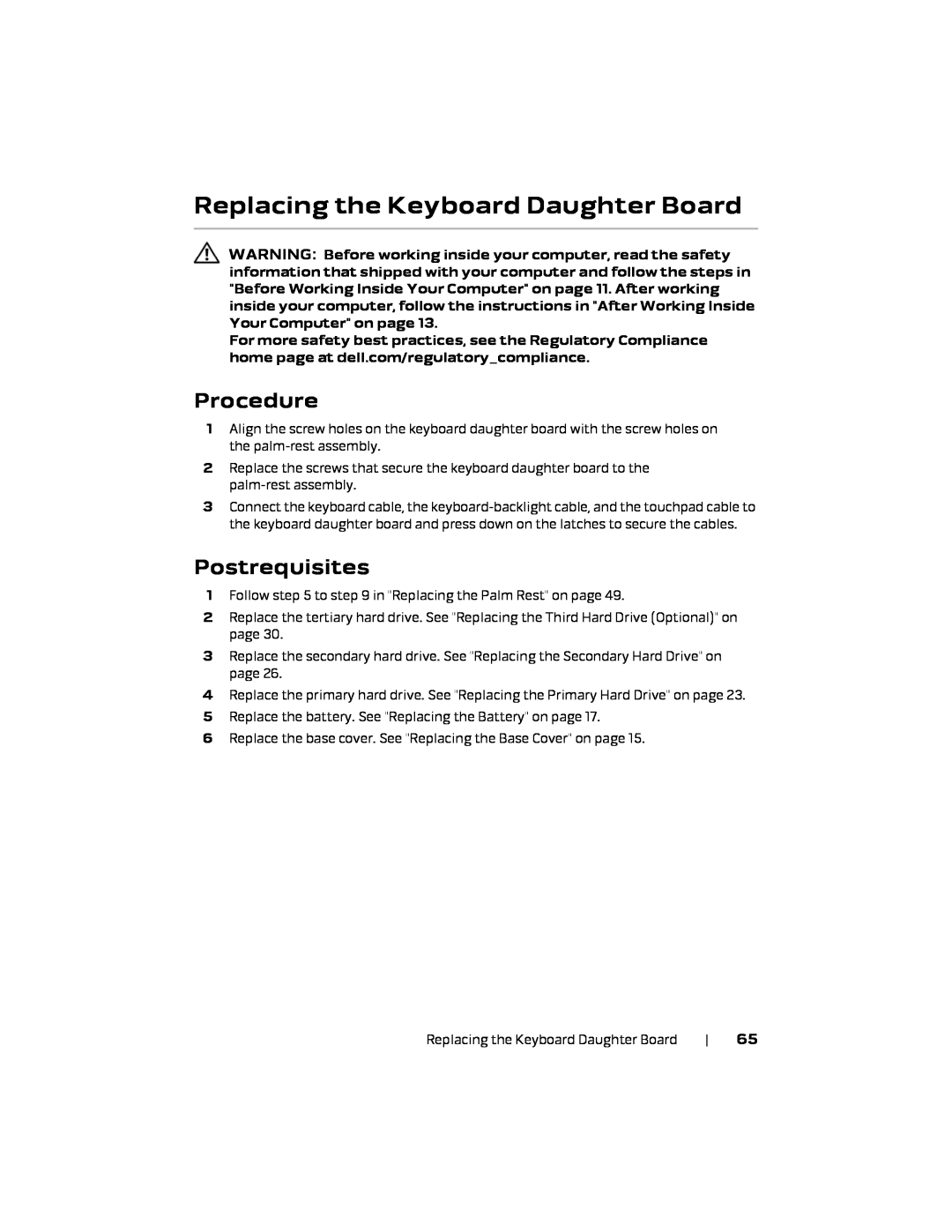 Alienware 17 R1, P18E owner manual Replacing the Keyboard Daughter Board, Procedure, Postrequisites 