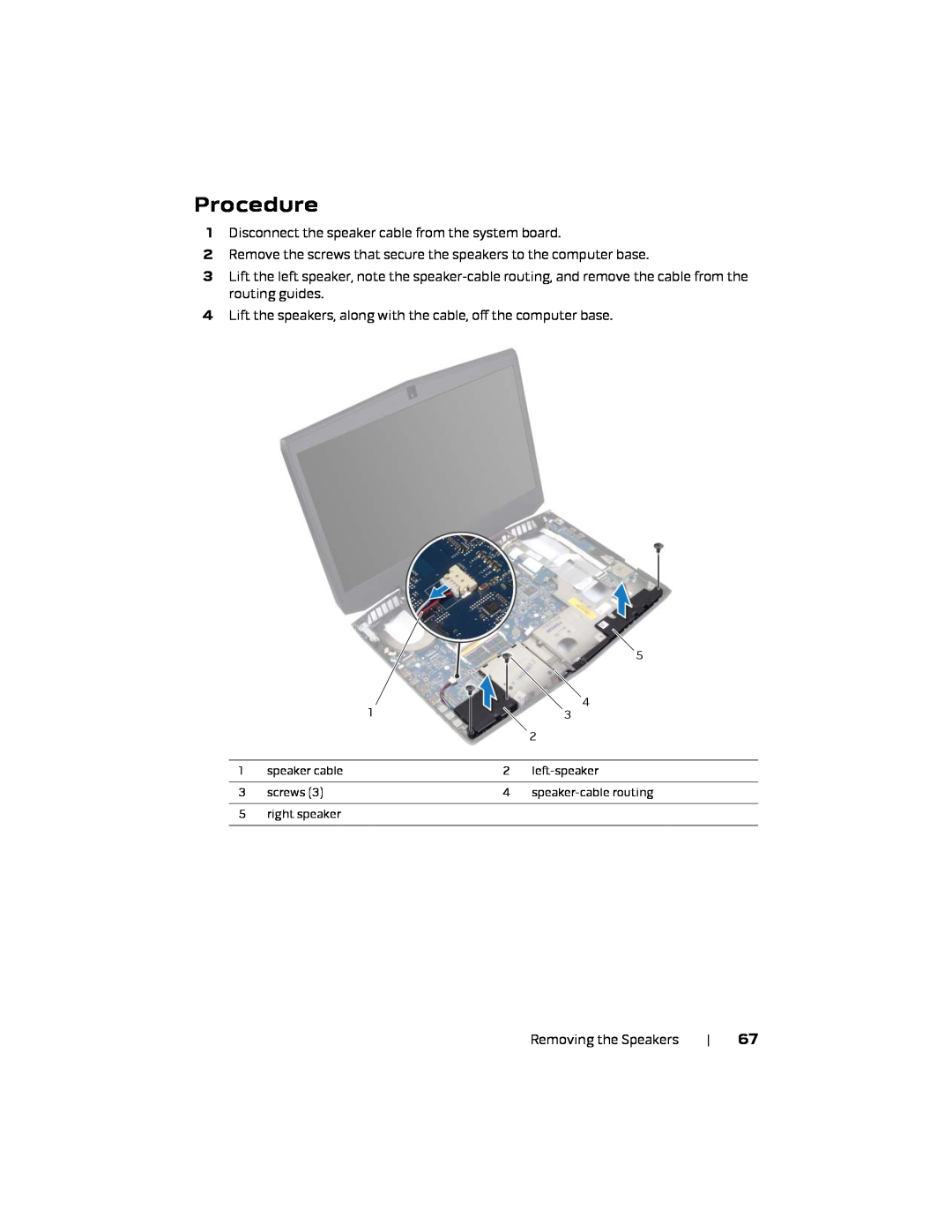 Alienware 17 R1, P18E owner manual Procedure, speaker cable, left-speaker, screws, speaker-cable routing, right speaker 