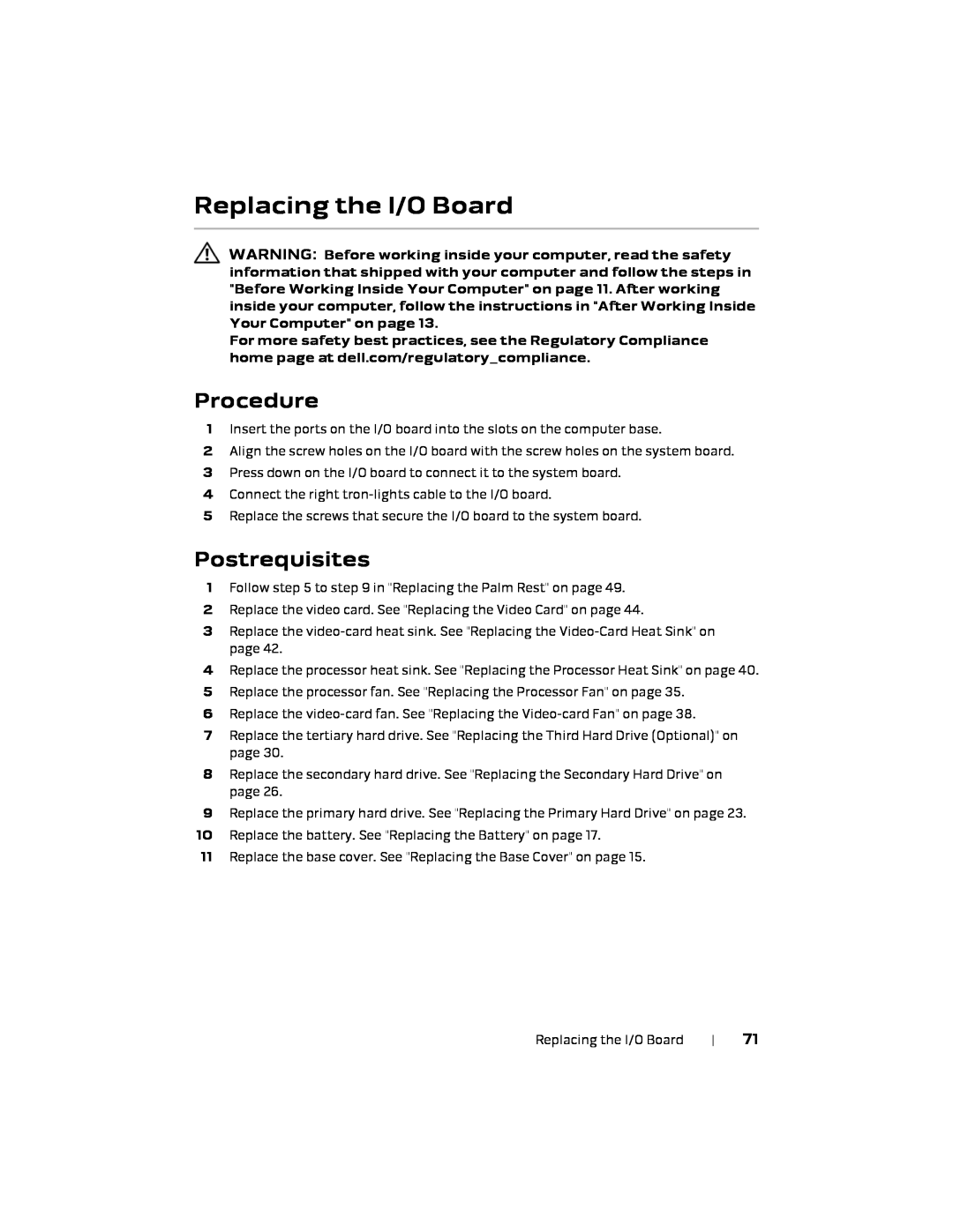 Alienware 17 R1, P18E owner manual Replacing the I/O Board, Procedure, Postrequisites 