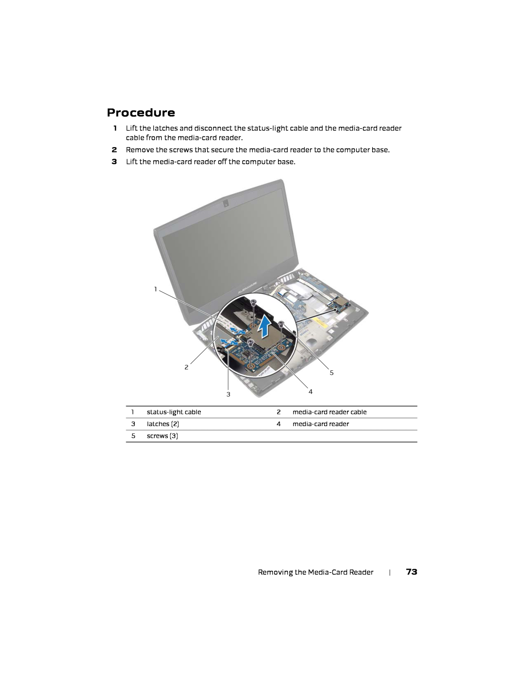 Alienware 17 R1, P18E owner manual Procedure, status-light cable, media-card reader cable, latches, screws 