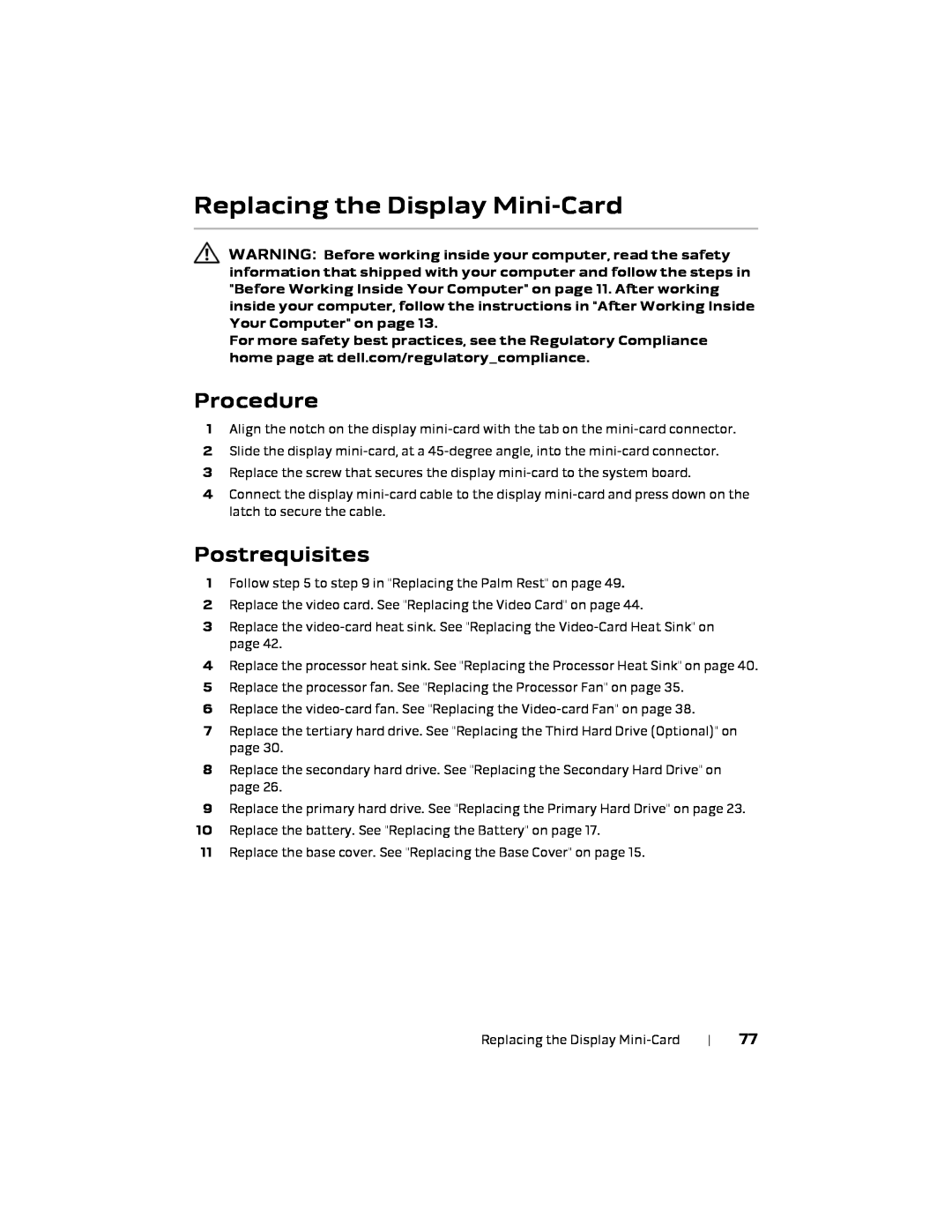 Alienware 17 R1, P18E owner manual Replacing the Display Mini-Card, Procedure, Postrequisites 